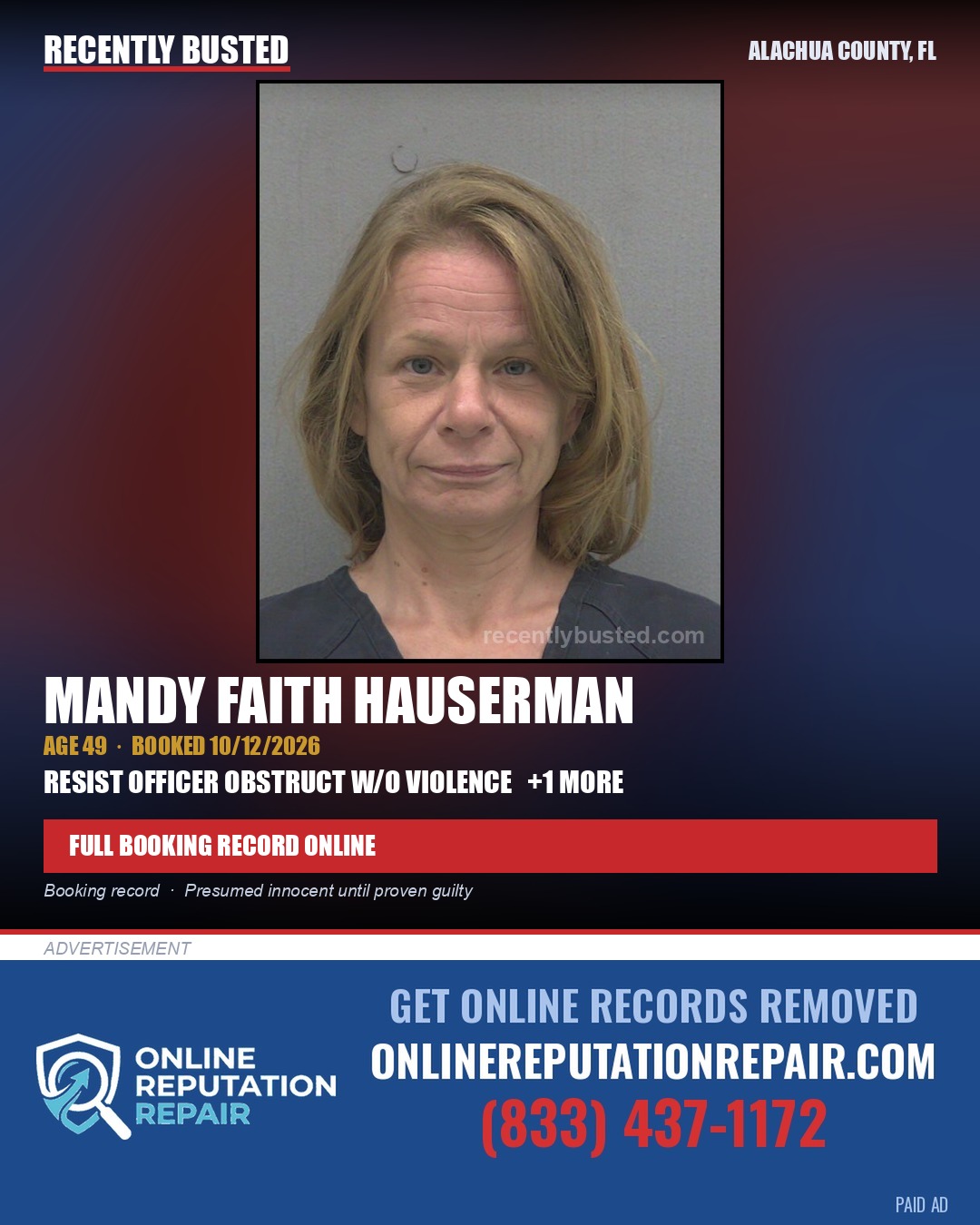 Mandy Faith Hauserman — arrest record card, Alachua County, Florida