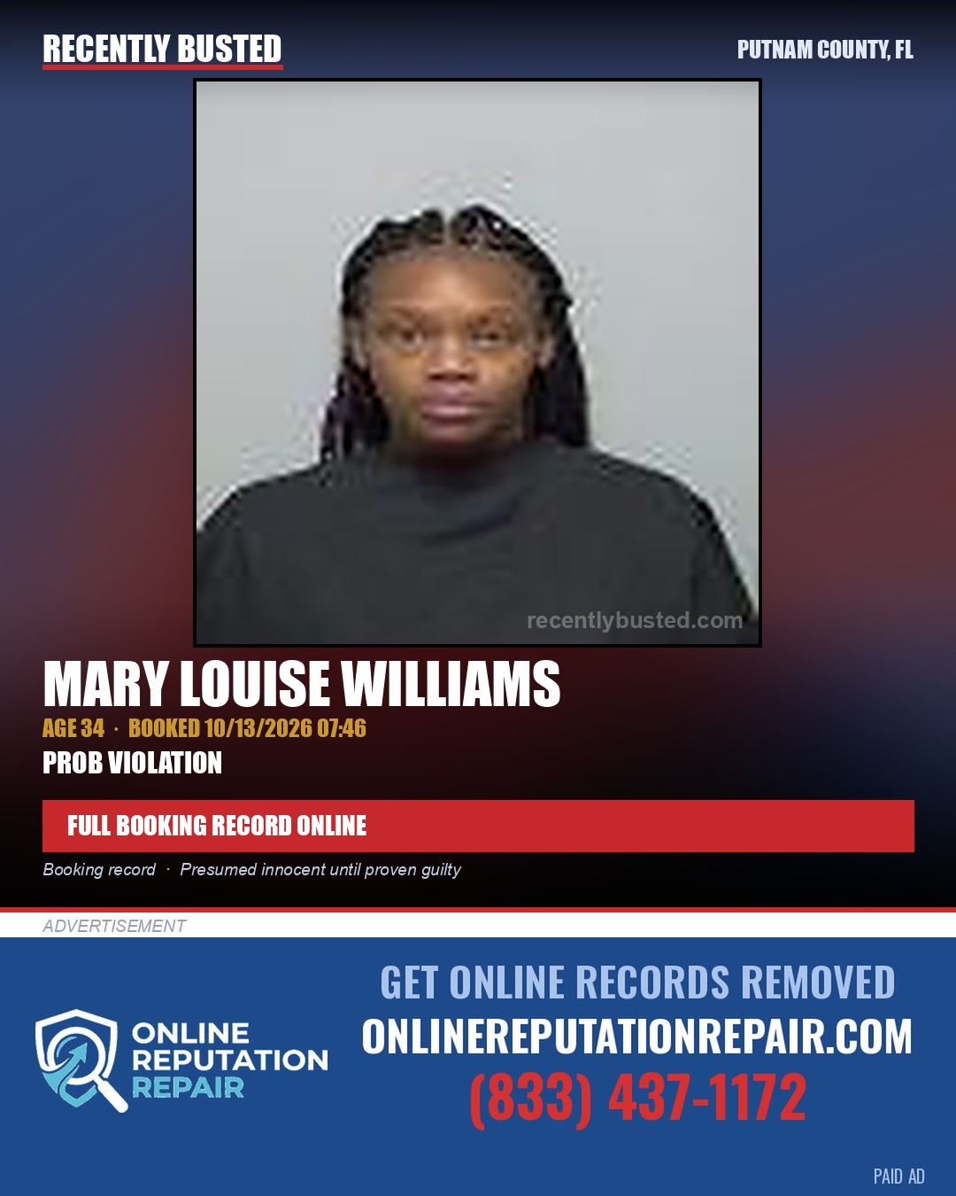 Mary Louise Williams — arrest record card, Putnam County, Florida