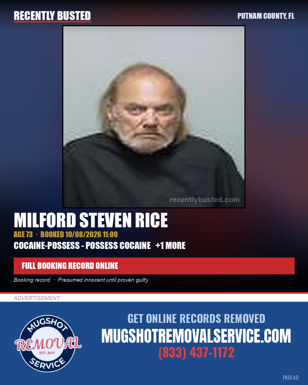 Milford Steven Rice — arrest record card, Putnam County, Florida