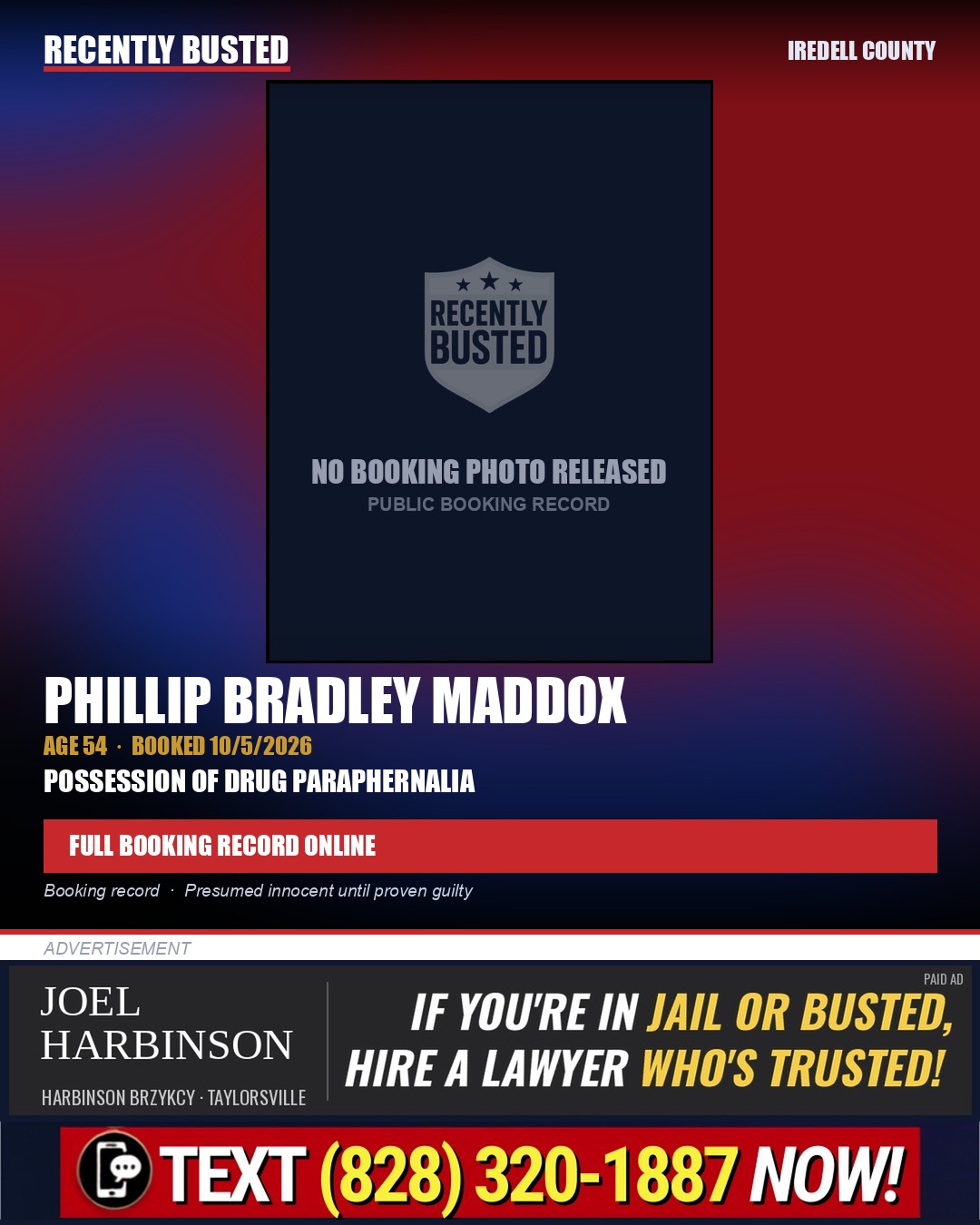 PHILLIP BRADLEY MADDOX — arrest record card, Iredell County