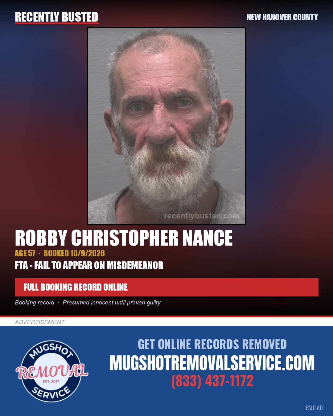 ROBBY CHRISTOPHER NANCE — arrest record card, New Hanover County