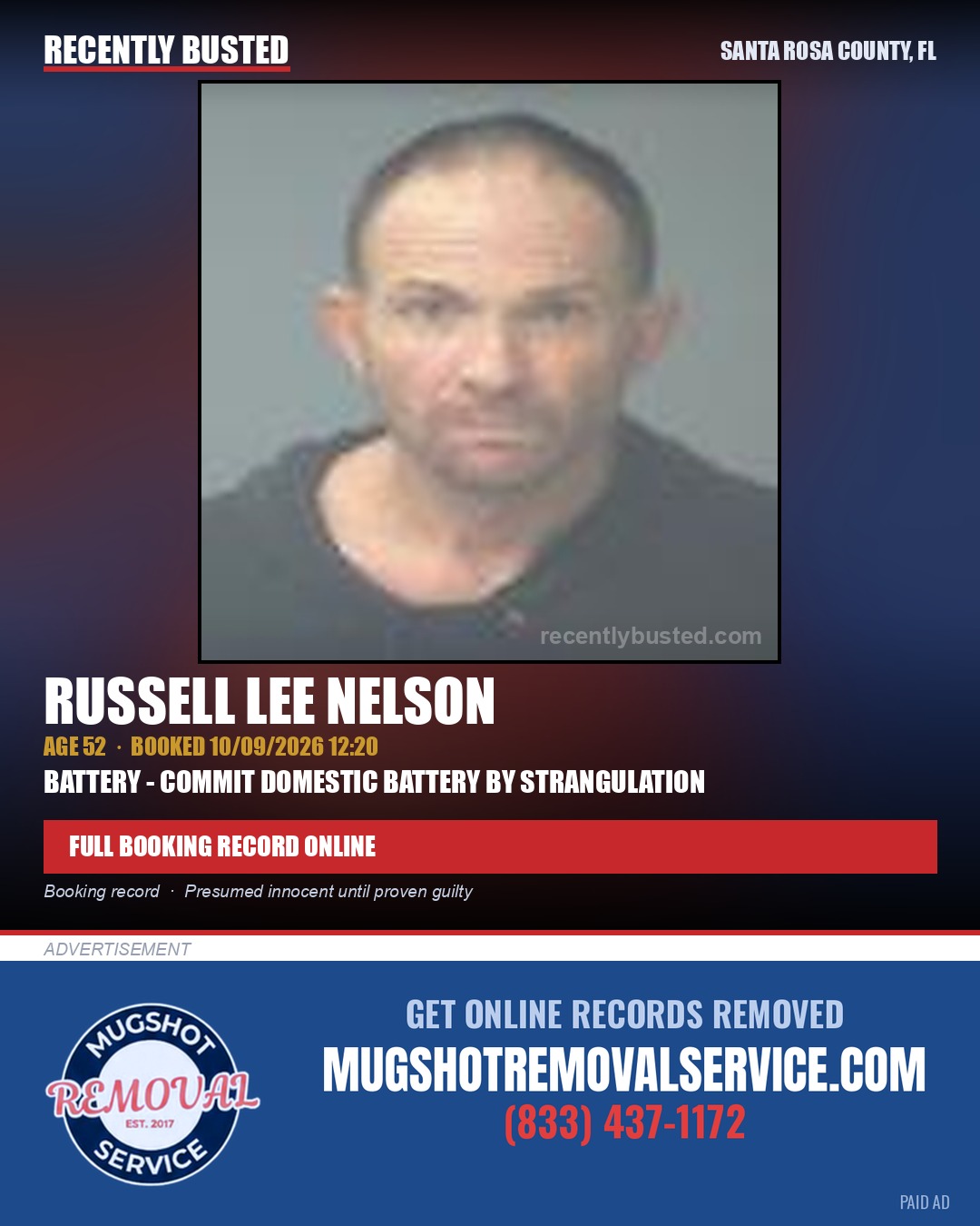 Russell Lee Nelson — arrest record card, Santa Rosa County, Florida