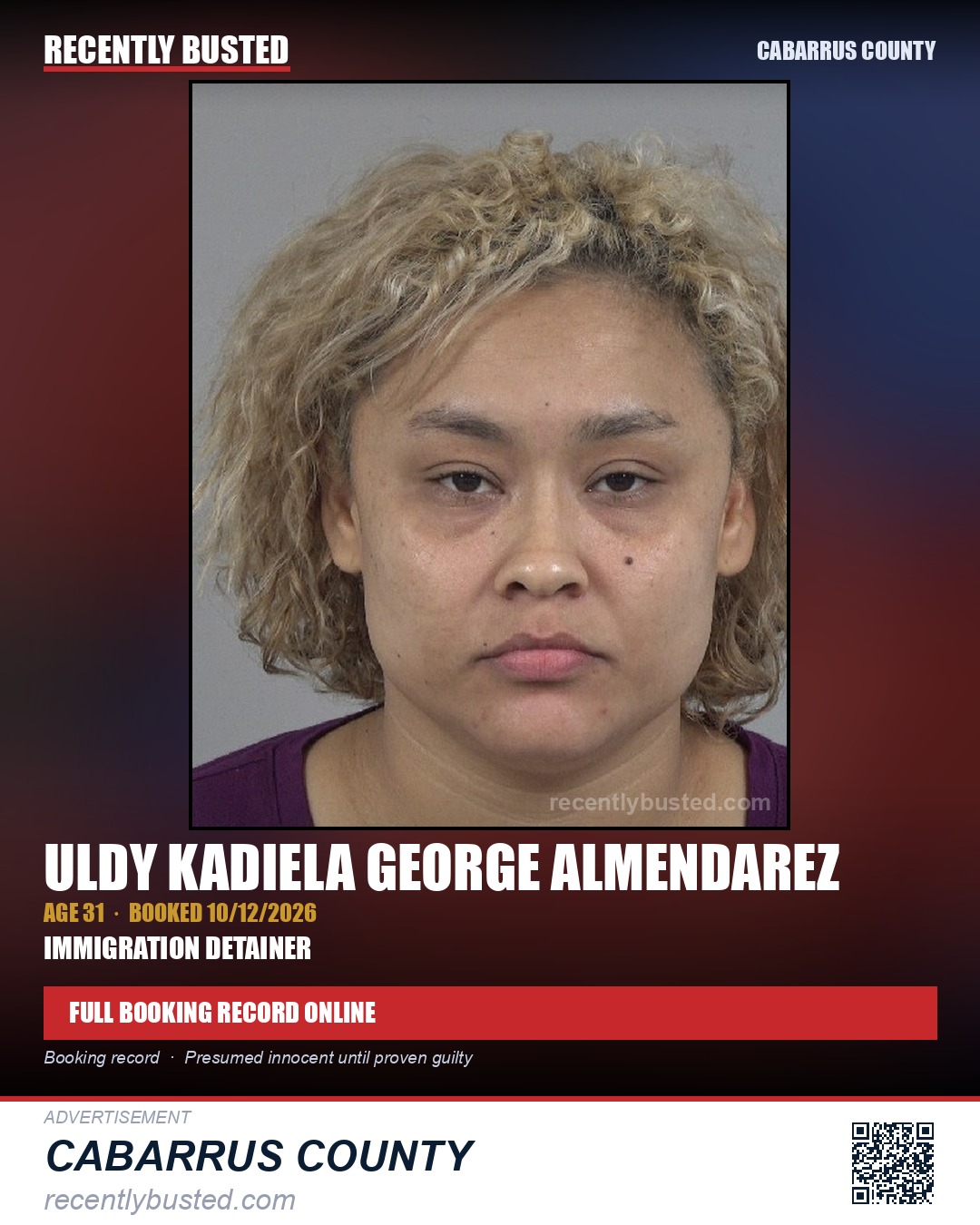 ULDY KADIELA GEORGE ALMENDAREZ — arrest record card, Cabarrus County