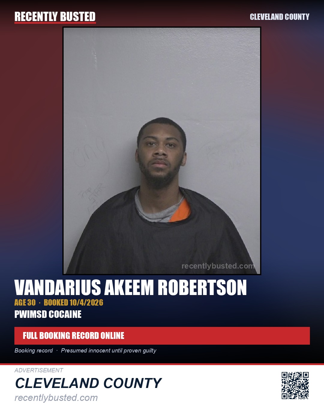 VANDARIUS AKEEM ROBERTSON — arrest record card, Cleveland County