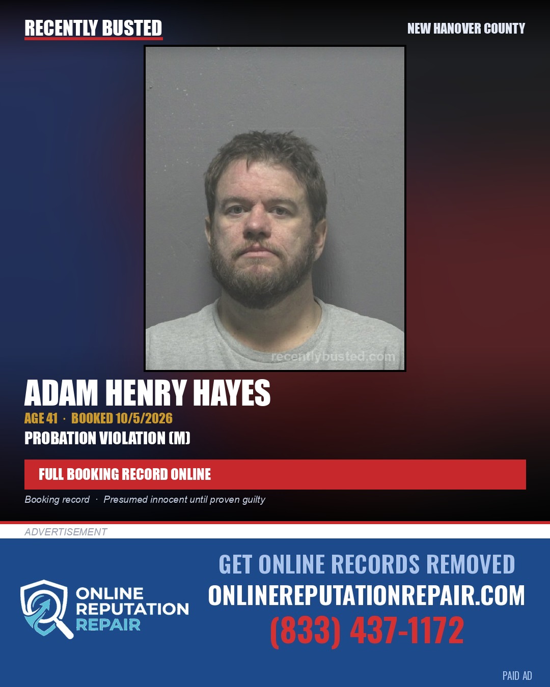 ADAM HENRY HAYES — arrest record card, New Hanover County