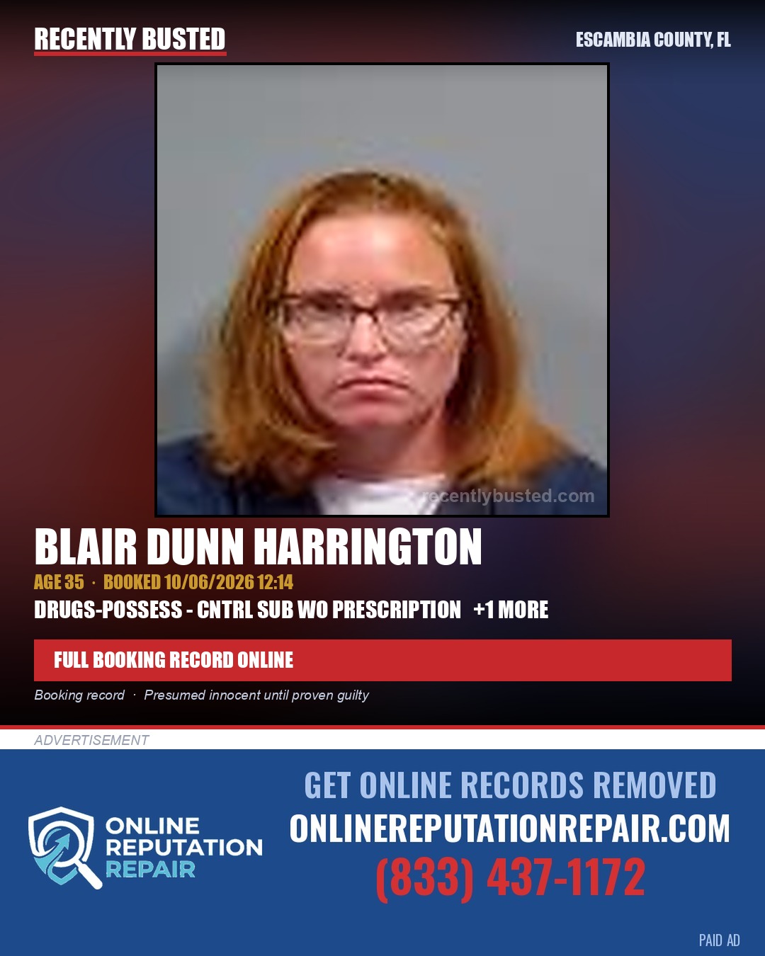 Blair Dunn Harrington — arrest record card, Escambia County, Florida