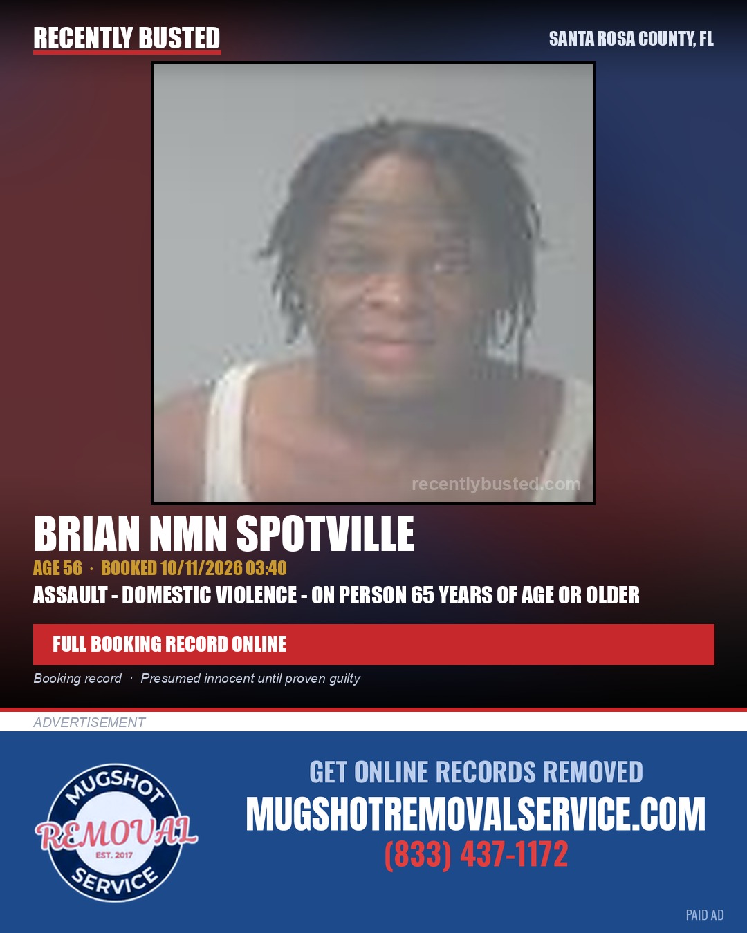Brian Nmn Spotville — arrest record card, Santa Rosa County, Florida