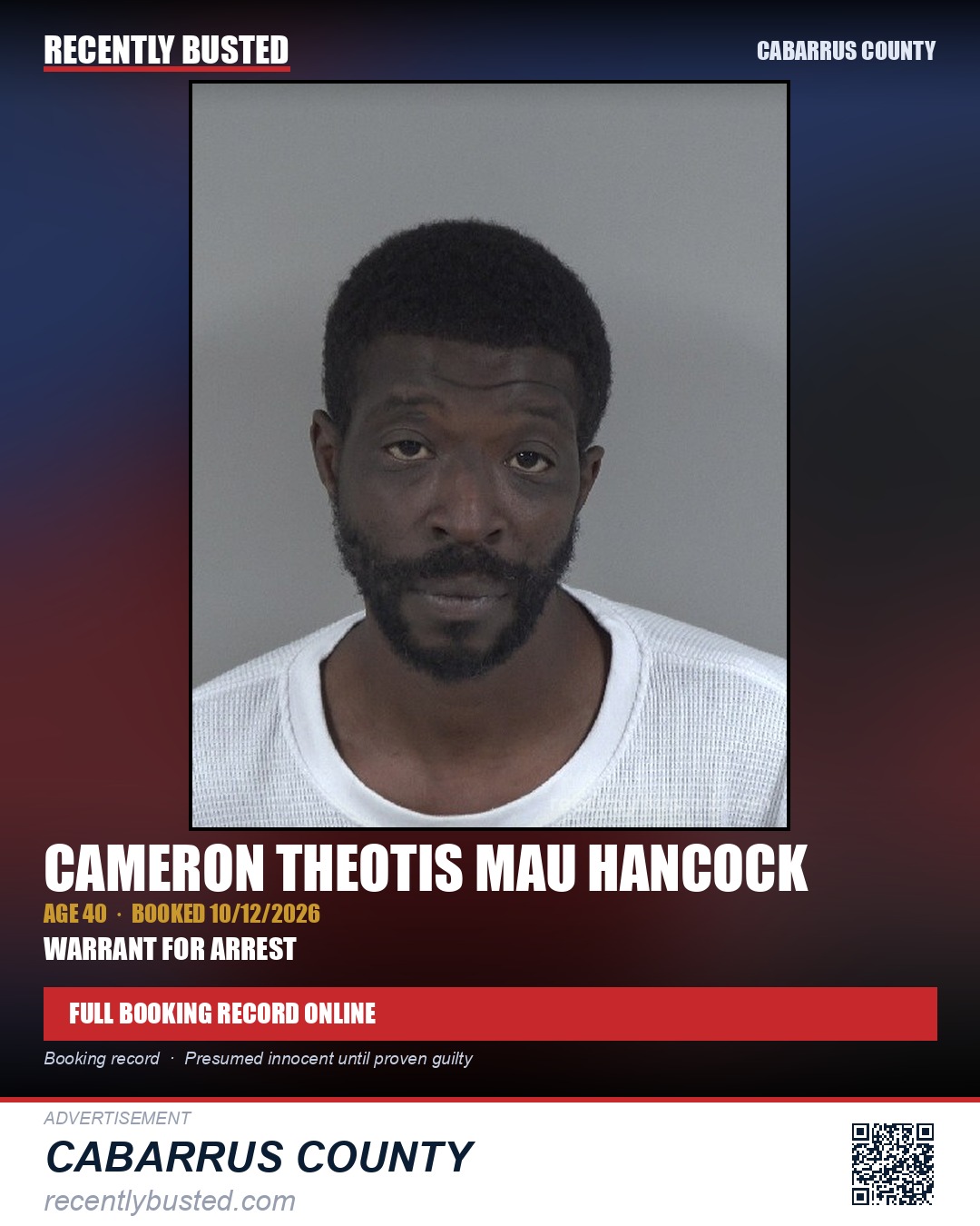 CAMERON THEOTIS MAU HANCOCK — arrest record card, Cabarrus County