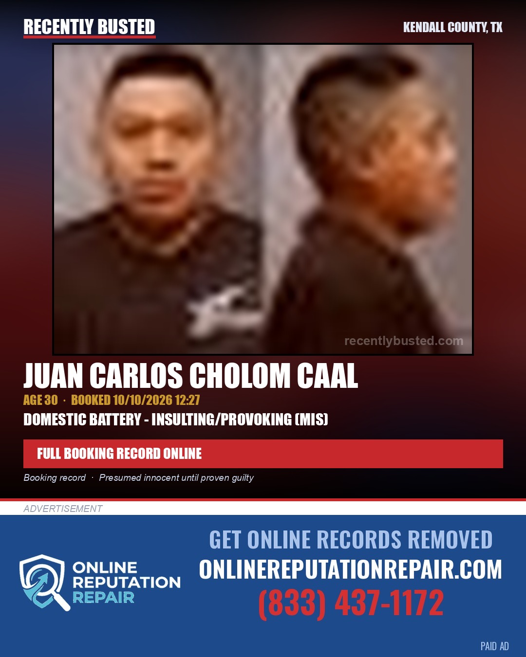 CHOLOM CAAL, JUAN CARLOS — arrest record card, Kendall County, Illinois