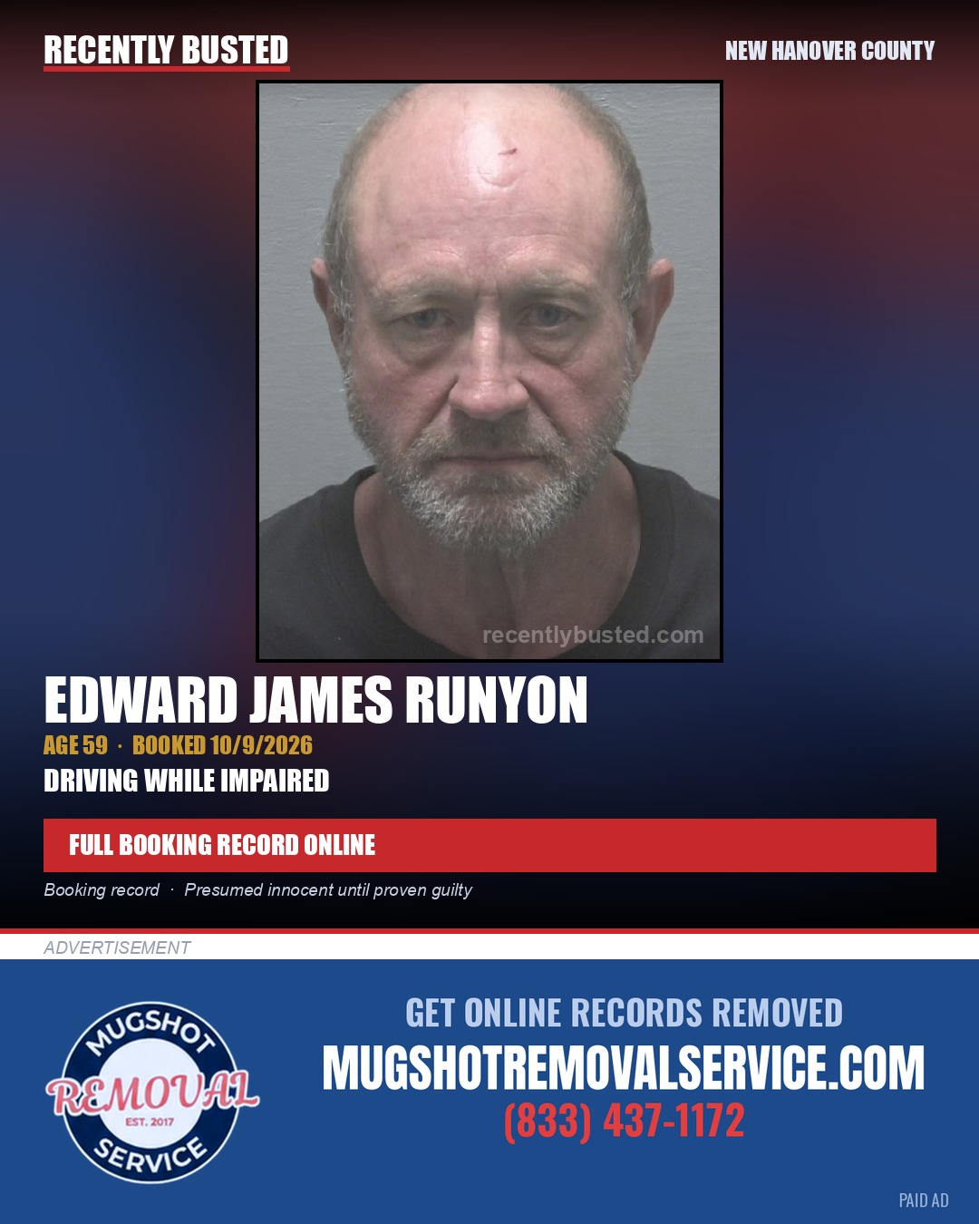 EDWARD JAMES RUNYON — arrest record card, New Hanover County