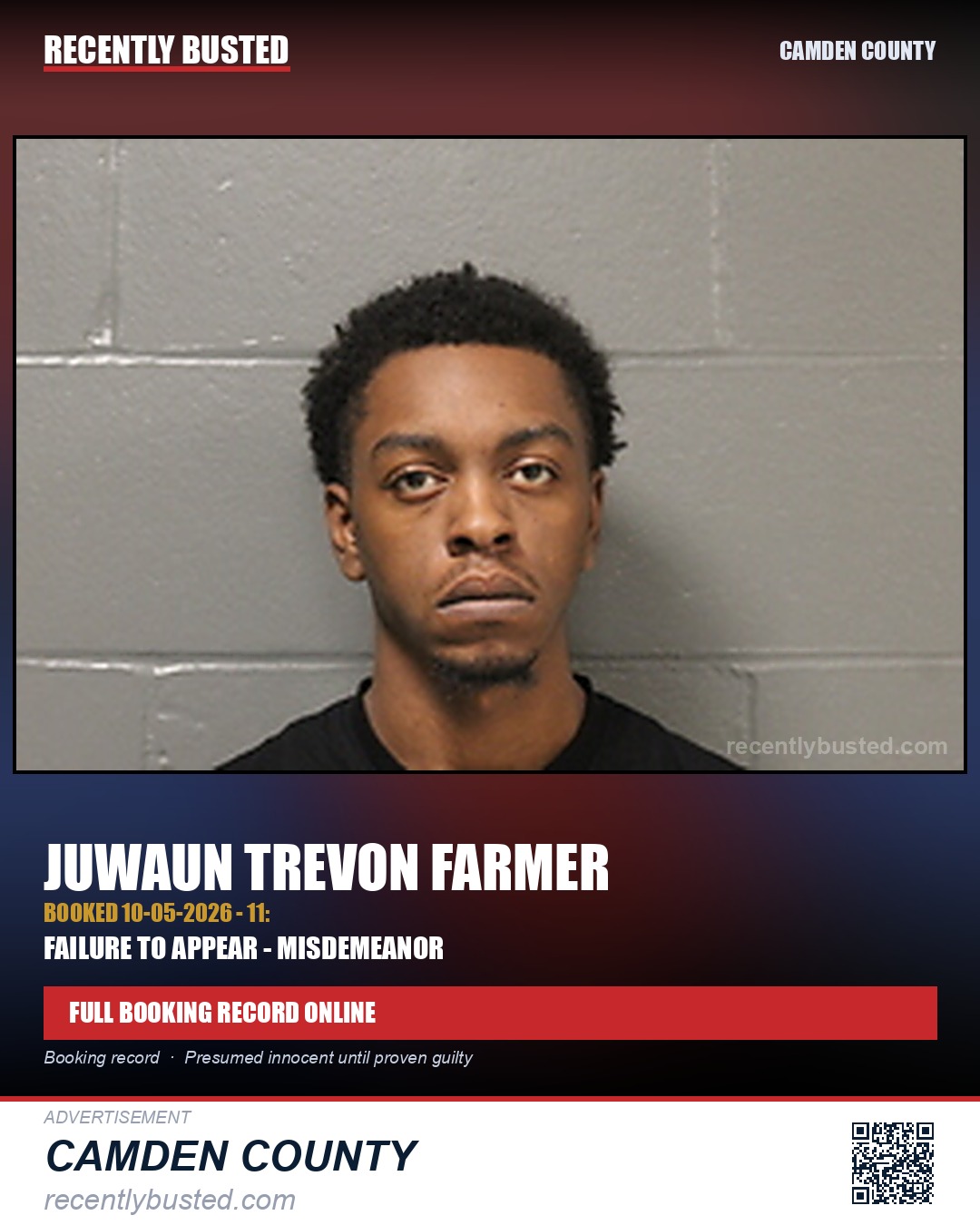 Farmer, Juwaun Trevon — arrest record card, Camden County