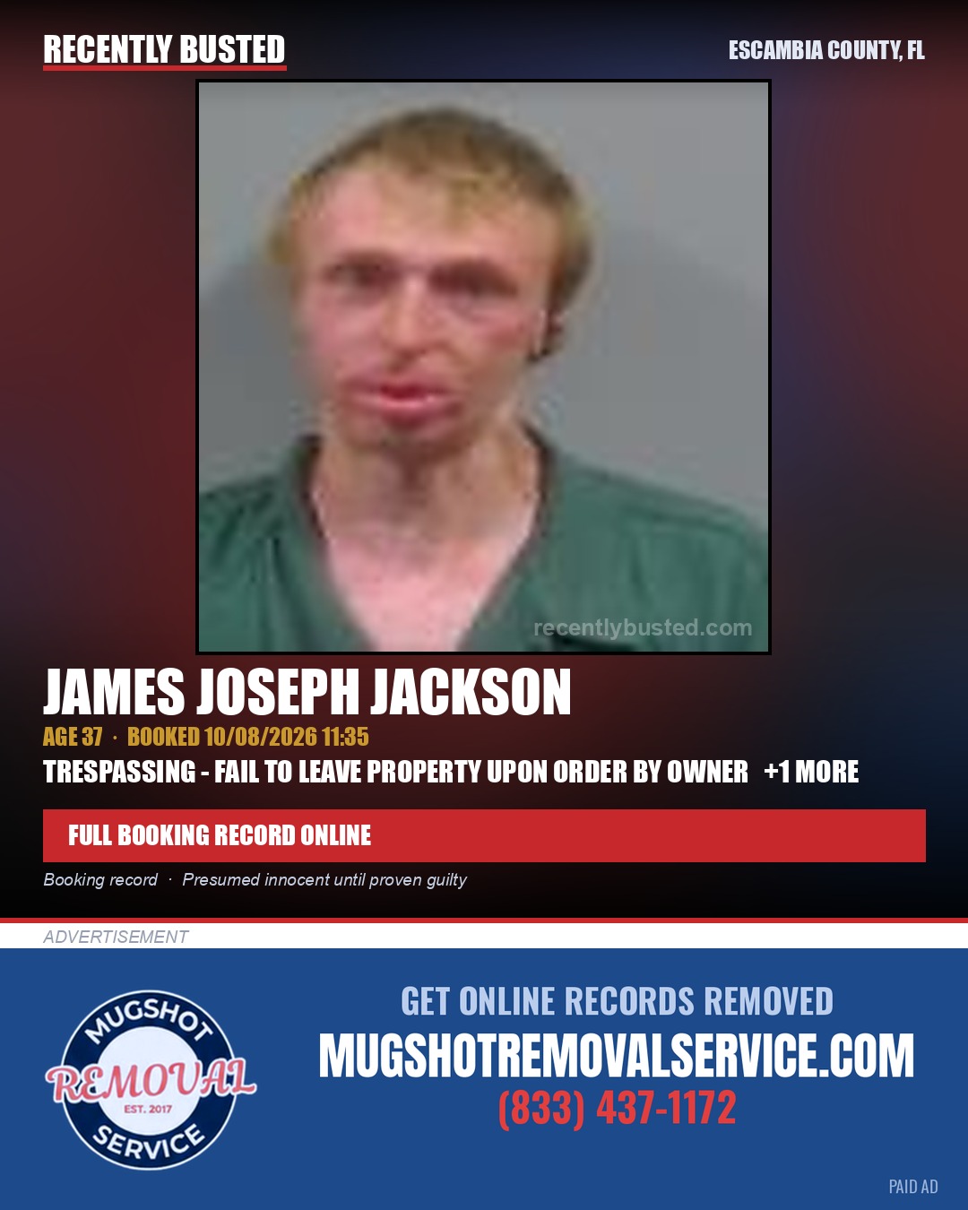 James Joseph Jackson — arrest record card, Escambia County, Florida