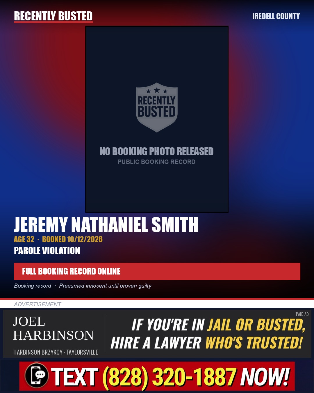 JEREMY NATHANIEL SMITH — arrest record card, Iredell County