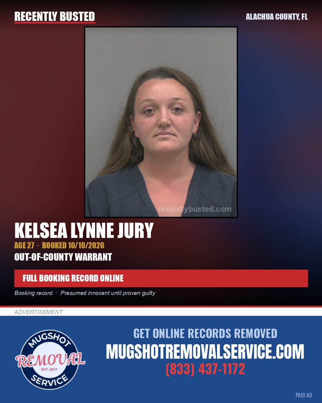 Kelsea Lynne Jury — arrest record card, Alachua County, Florida