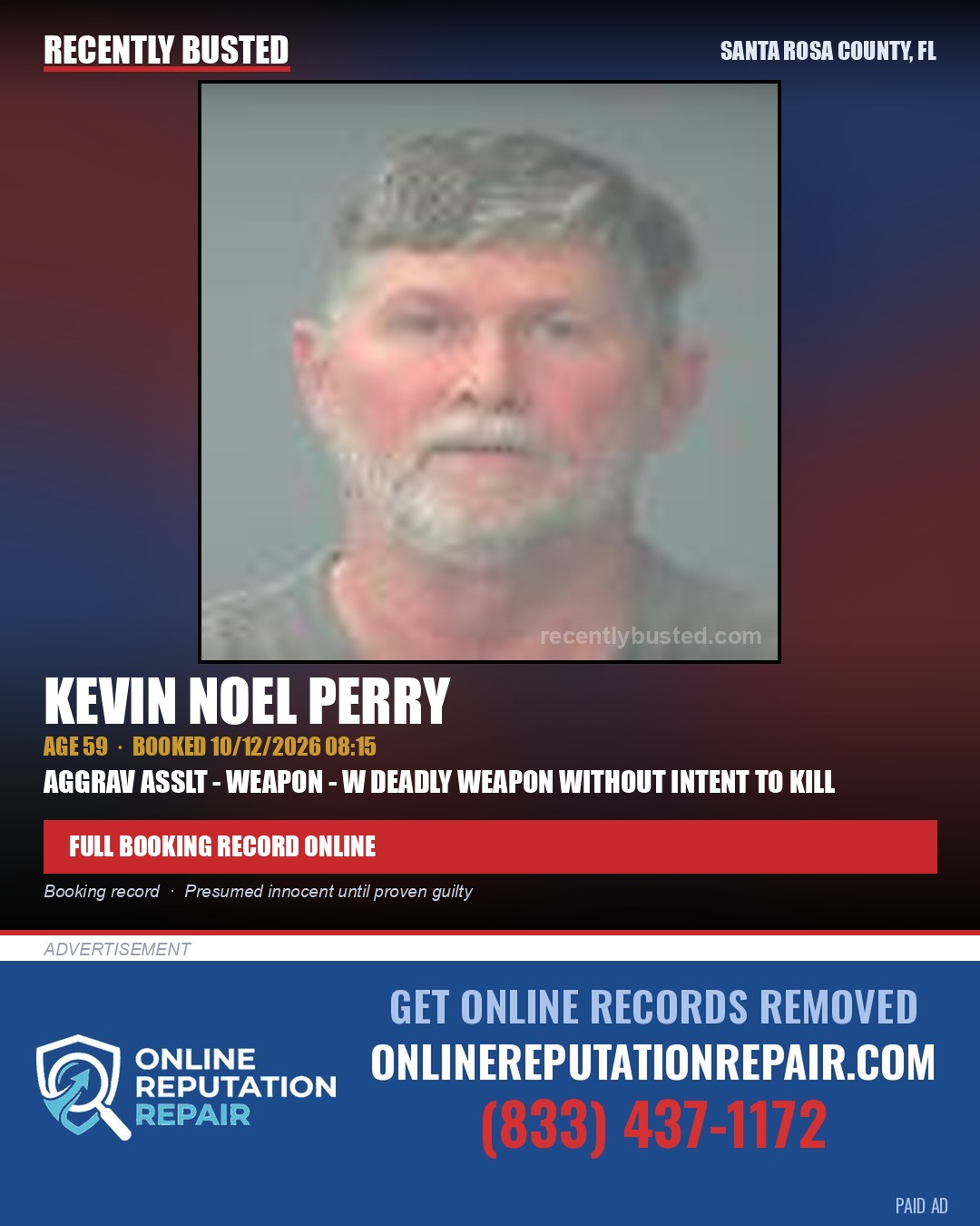 Kevin Noel Perry — arrest record card, Santa Rosa County, Florida