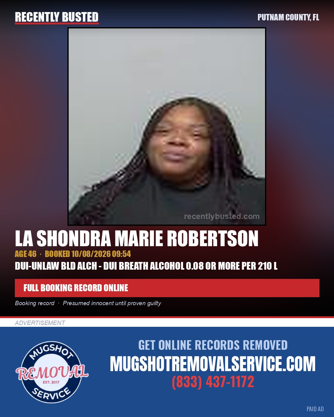 La Shondra Marie Robertson — arrest record card, Putnam County, Florida