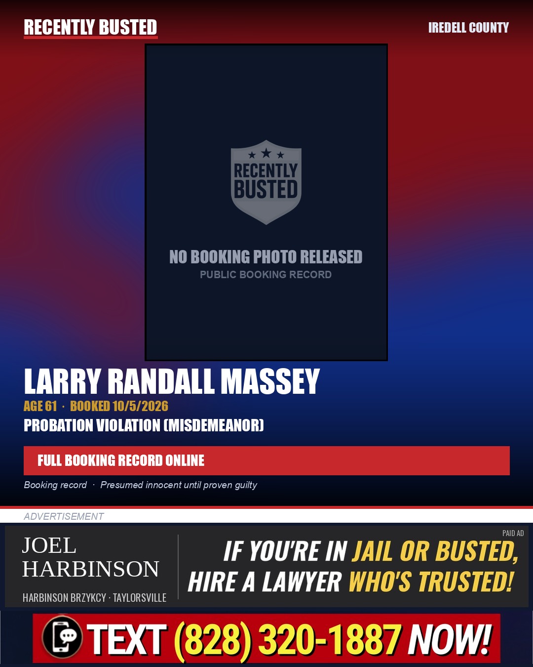 LARRY RANDALL MASSEY — arrest record card, Iredell County
