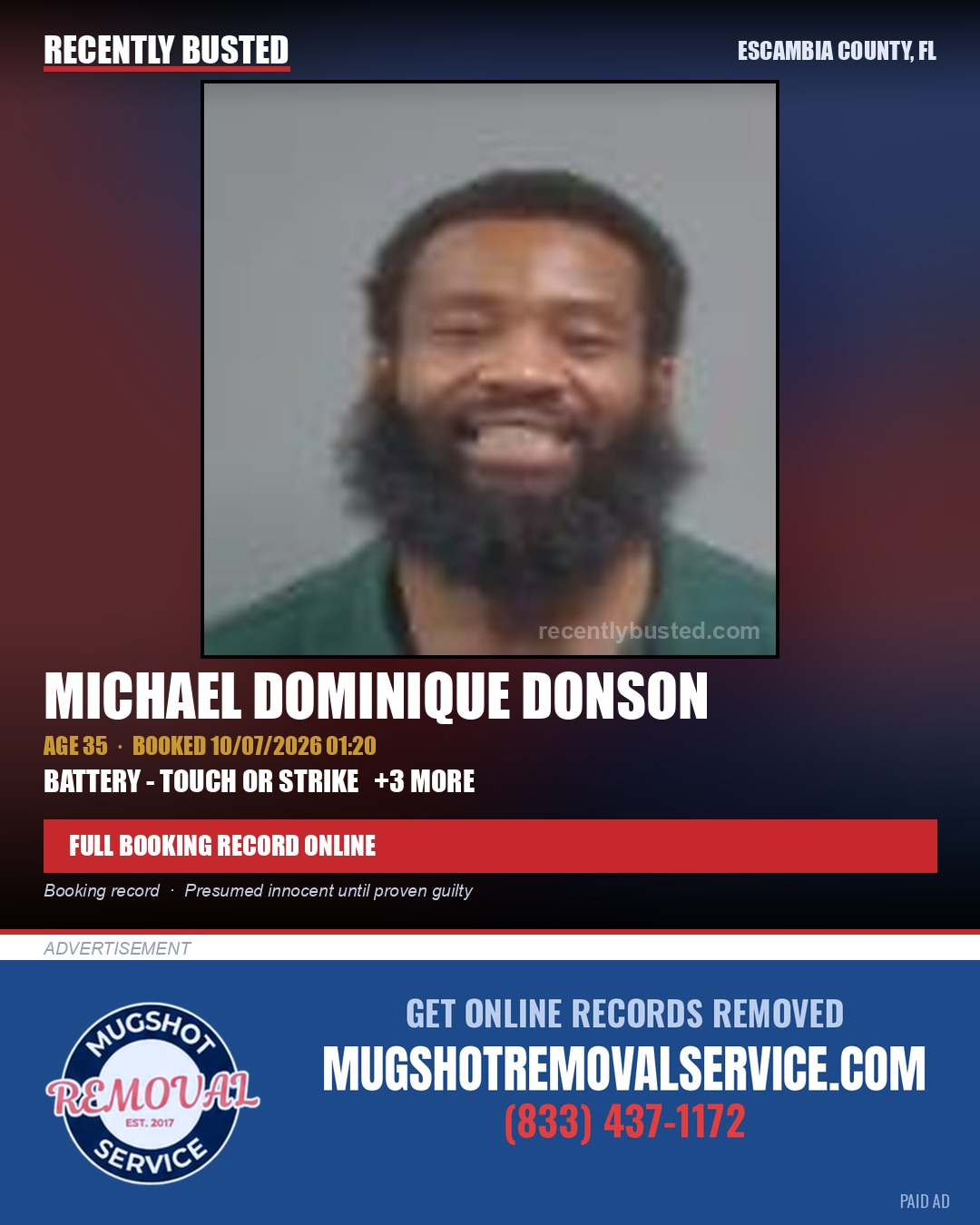 Michael Dominique Donson — arrest record card, Escambia County, Florida