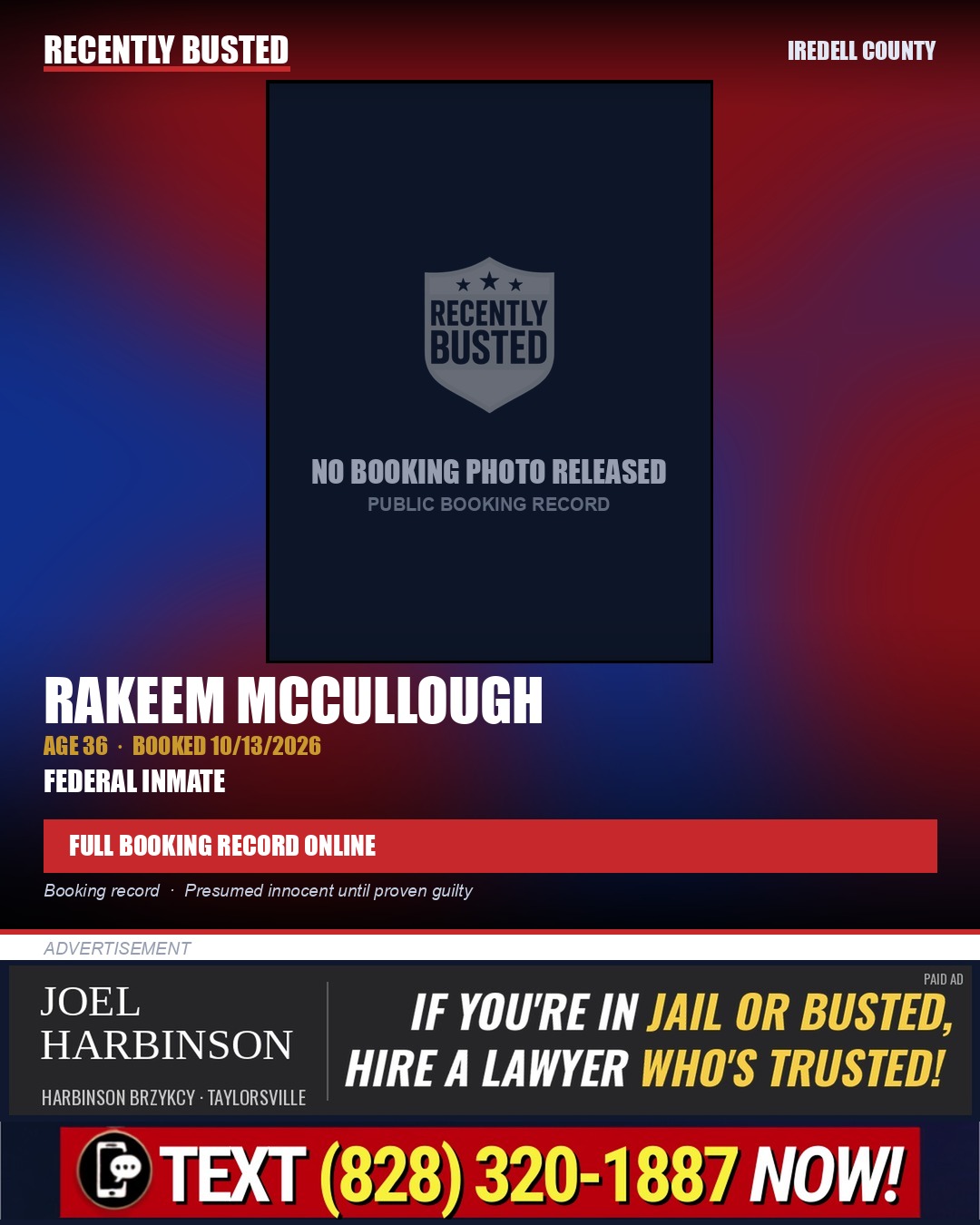 RAKEEM MCCULLOUGH — arrest record card, Iredell County