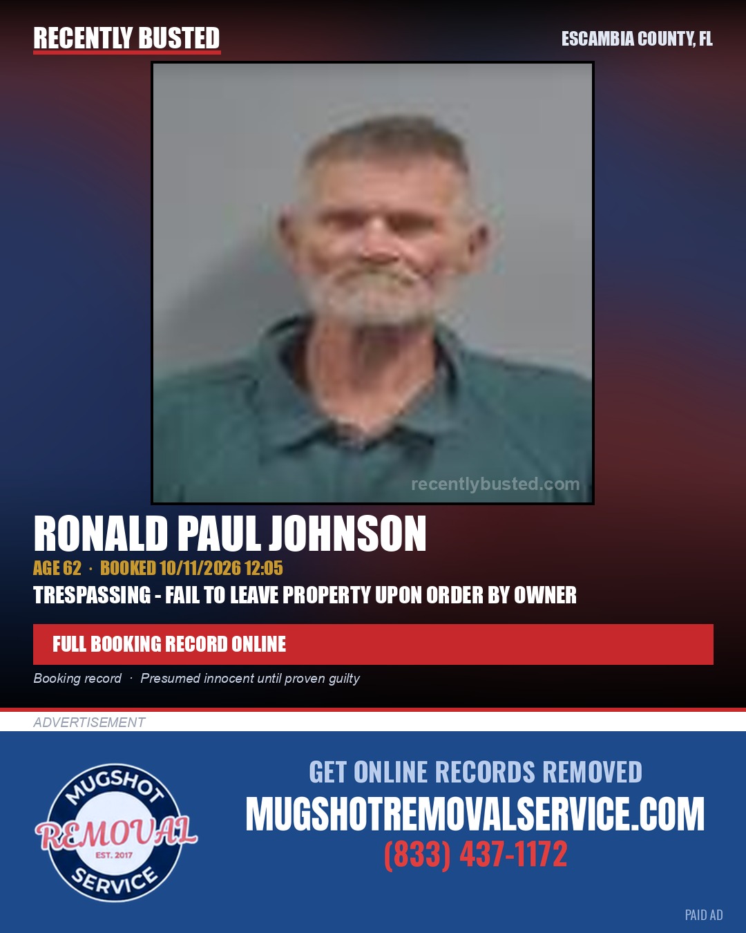 Ronald Paul Johnson — arrest record card, Escambia County, Florida