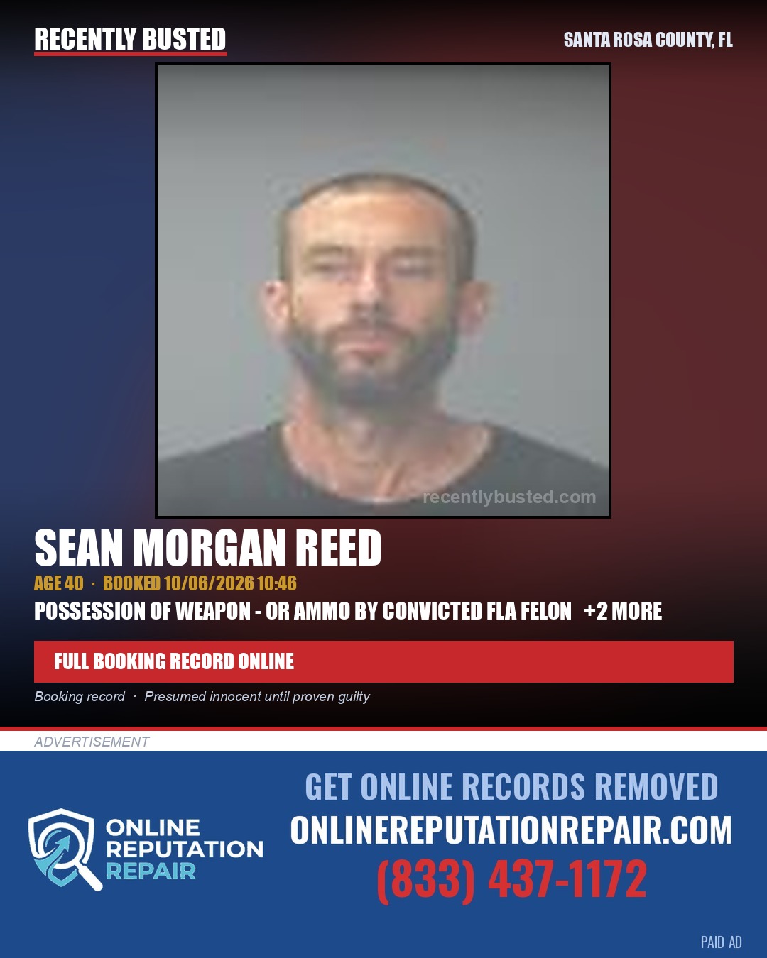 Sean Morgan Reed — arrest record card, Santa Rosa County, Florida