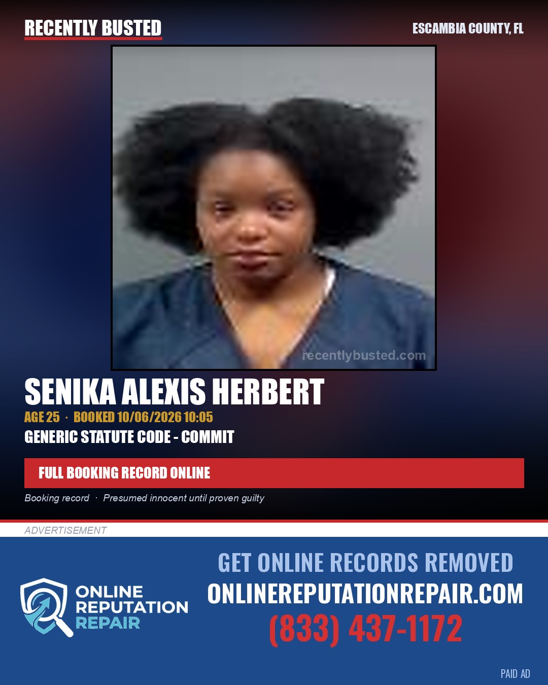 Senika Alexis Herbert — arrest record card, Escambia County, Florida