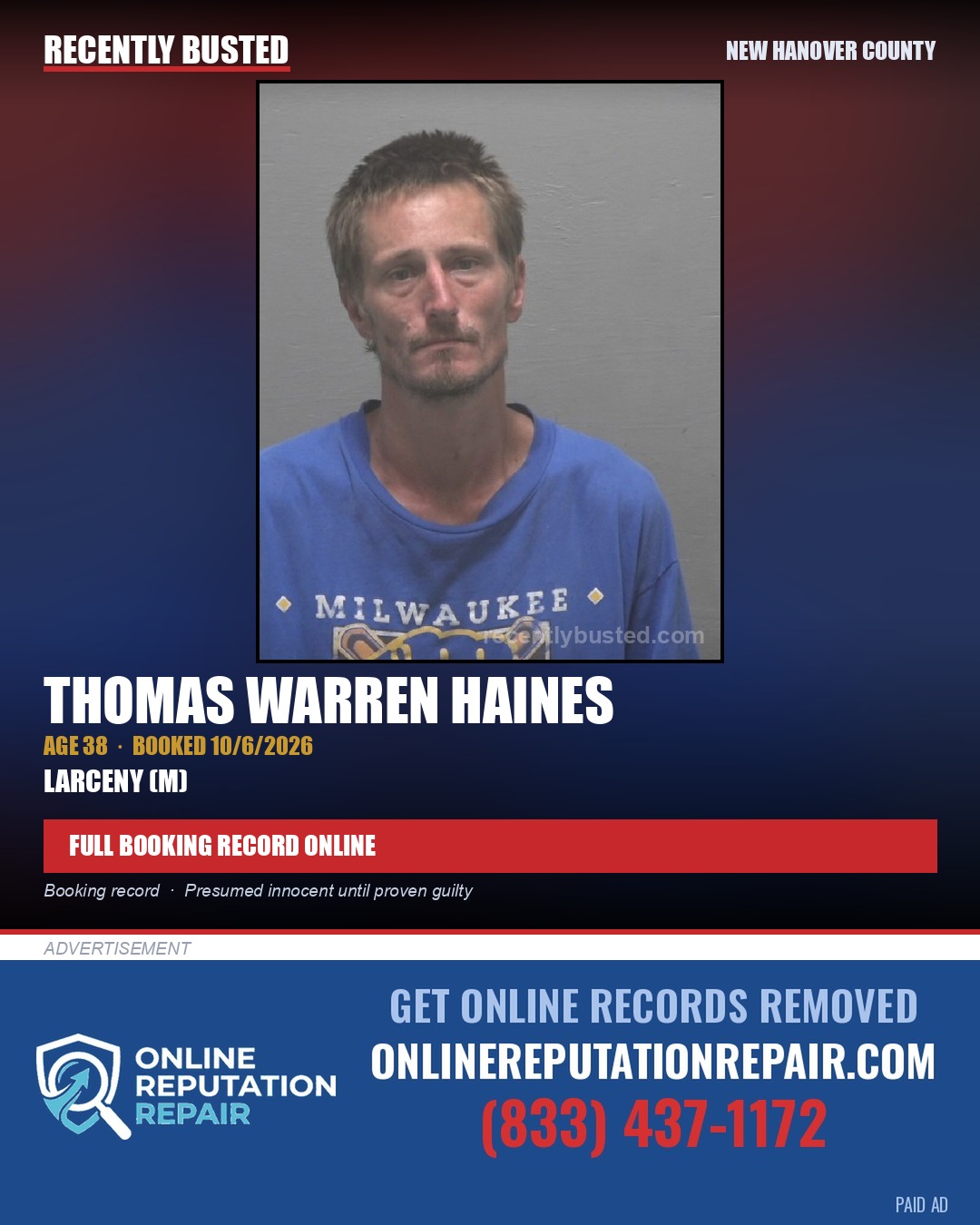 THOMAS WARREN HAINES — arrest record card, New Hanover County