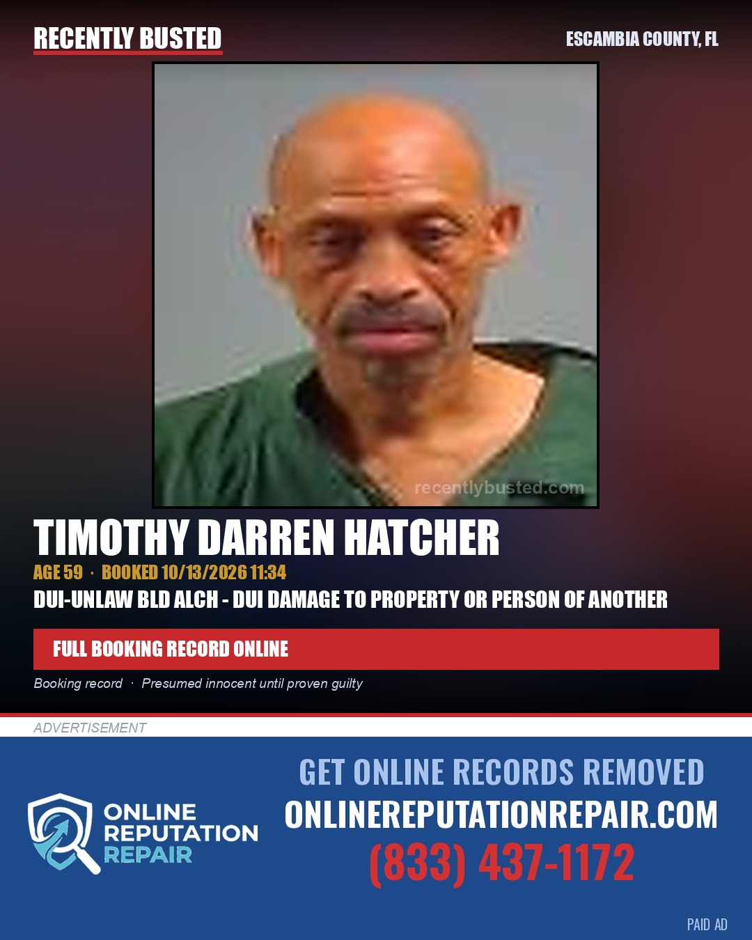 Timothy Darren Hatcher — arrest record card, Escambia County, Florida
