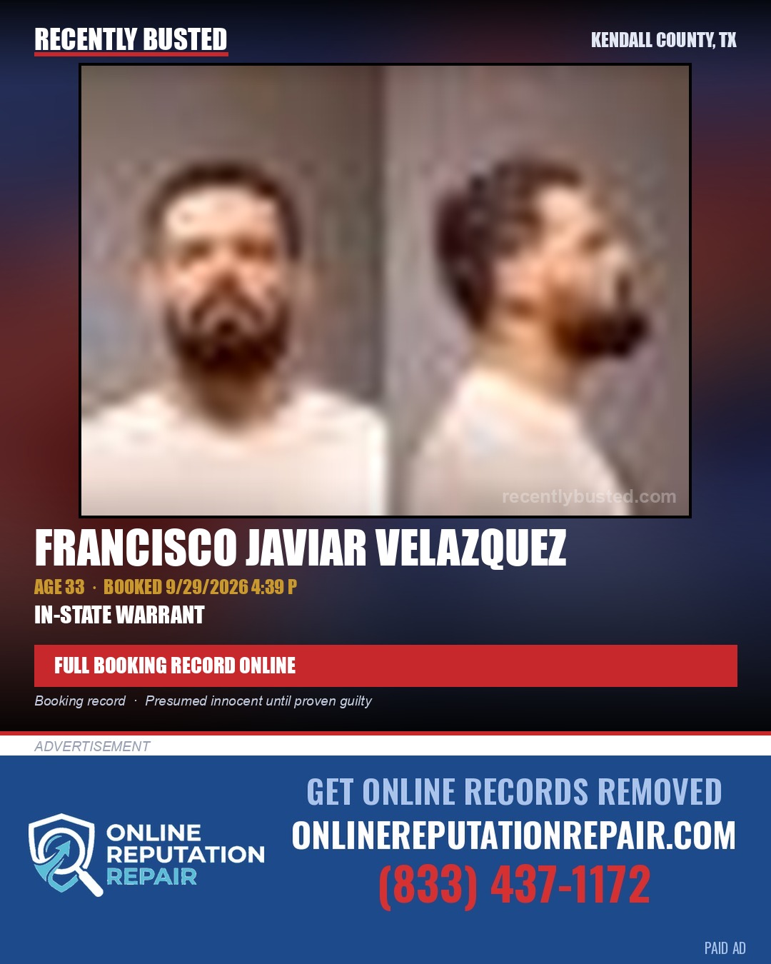 VELAZQUEZ, FRANCISCO JAVIAR — arrest record card, Kendall County, Illinois