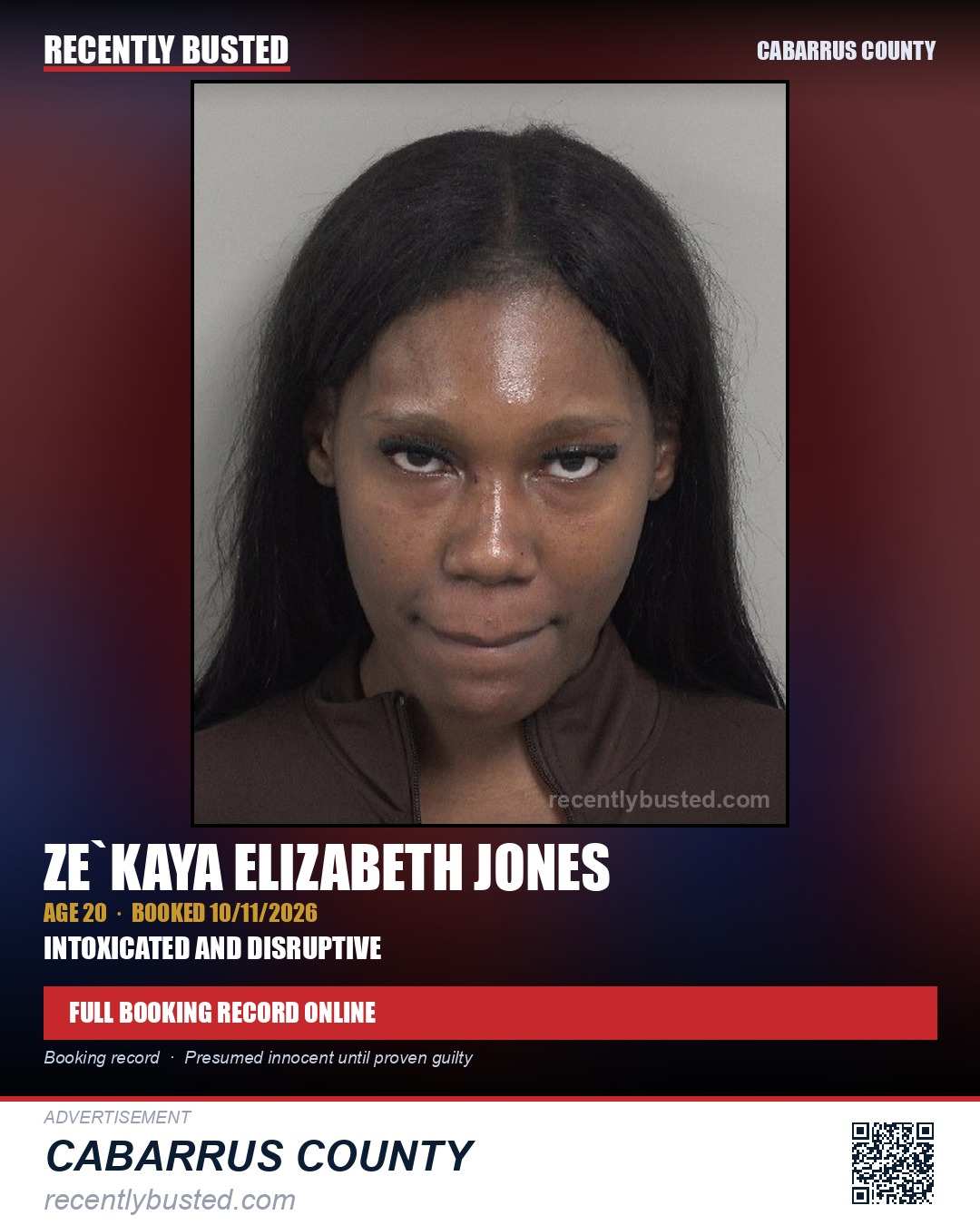 ZE`KAYA ELIZABETH JONES — arrest record card, Cabarrus County