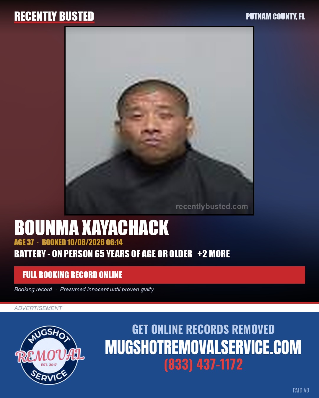 Bounma Xayachack — arrest record card, Putnam County, Florida