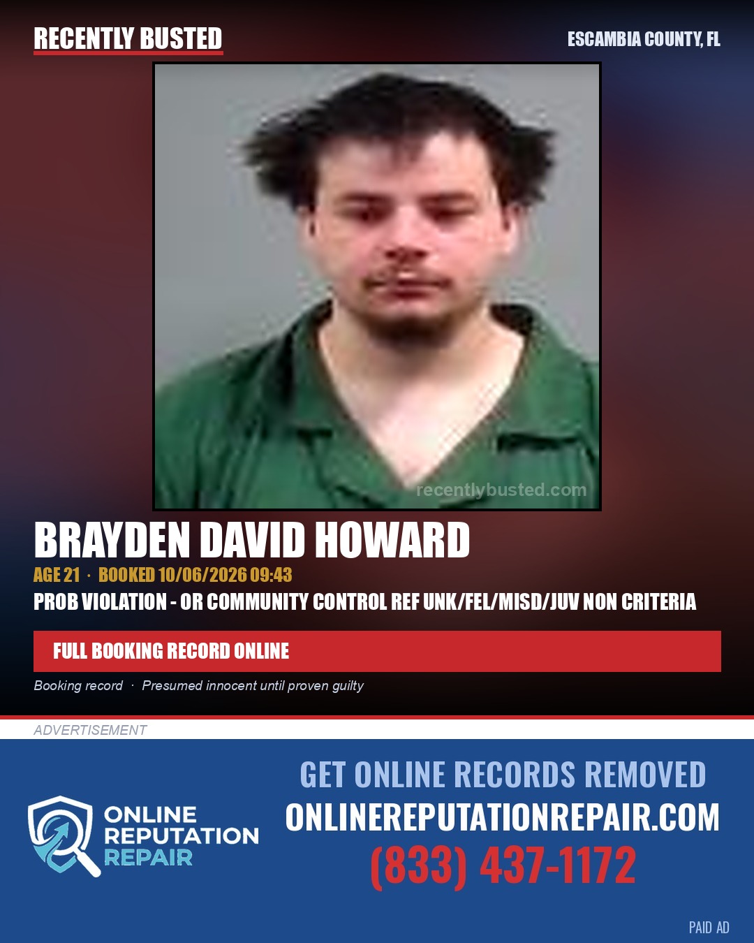 Brayden David Howard — arrest record card, Escambia County, Florida