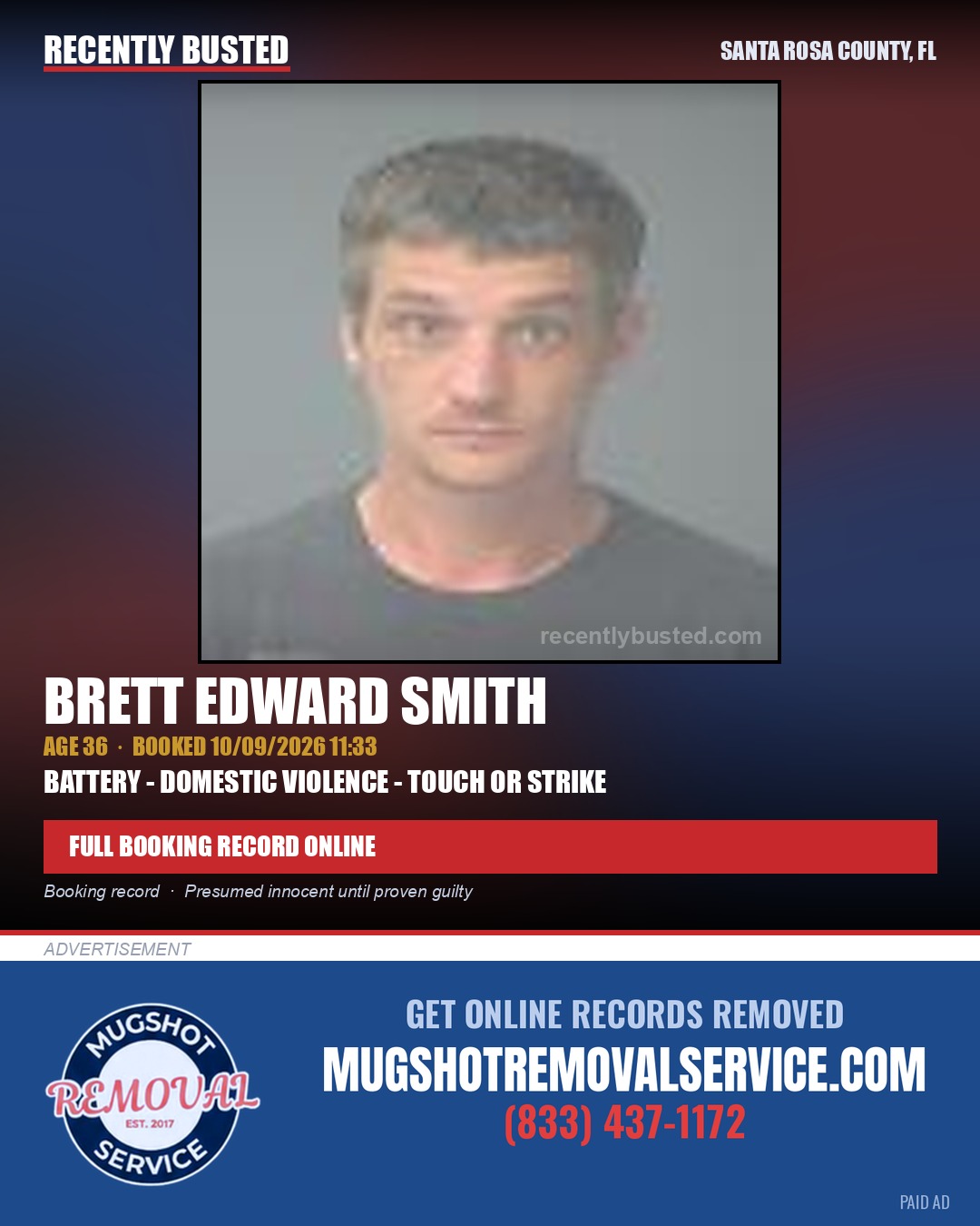 Brett Edward Smith — arrest record card, Santa Rosa County, Florida