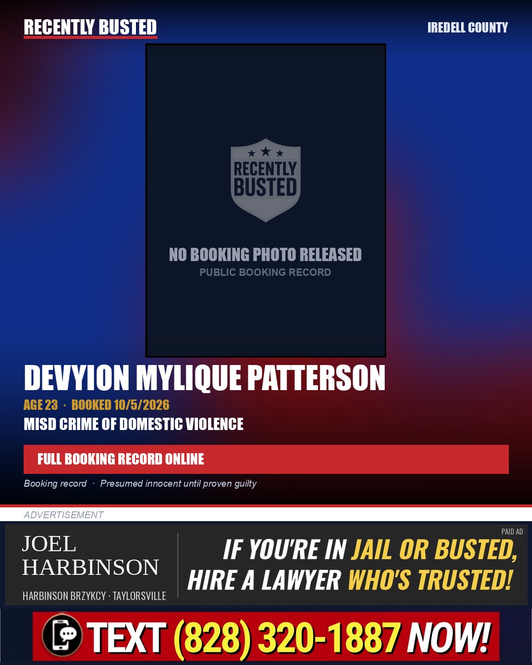 DEVYION MYLIQUE PATTERSON — arrest record card, Iredell County