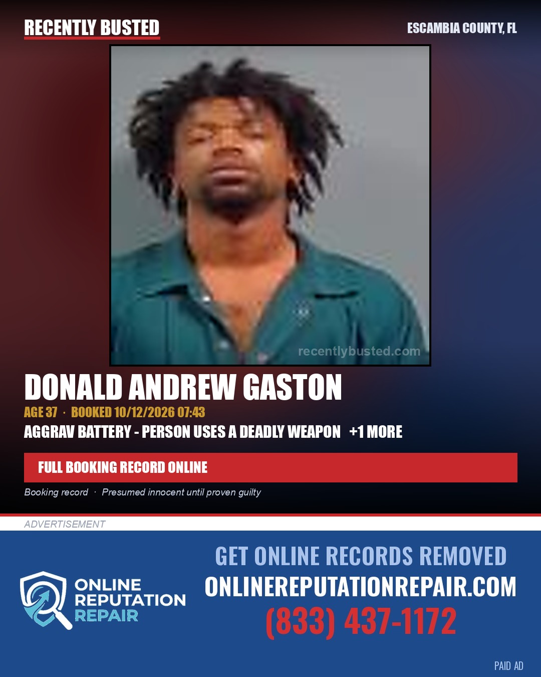 Donald Andrew Gaston — arrest record card, Escambia County, Florida