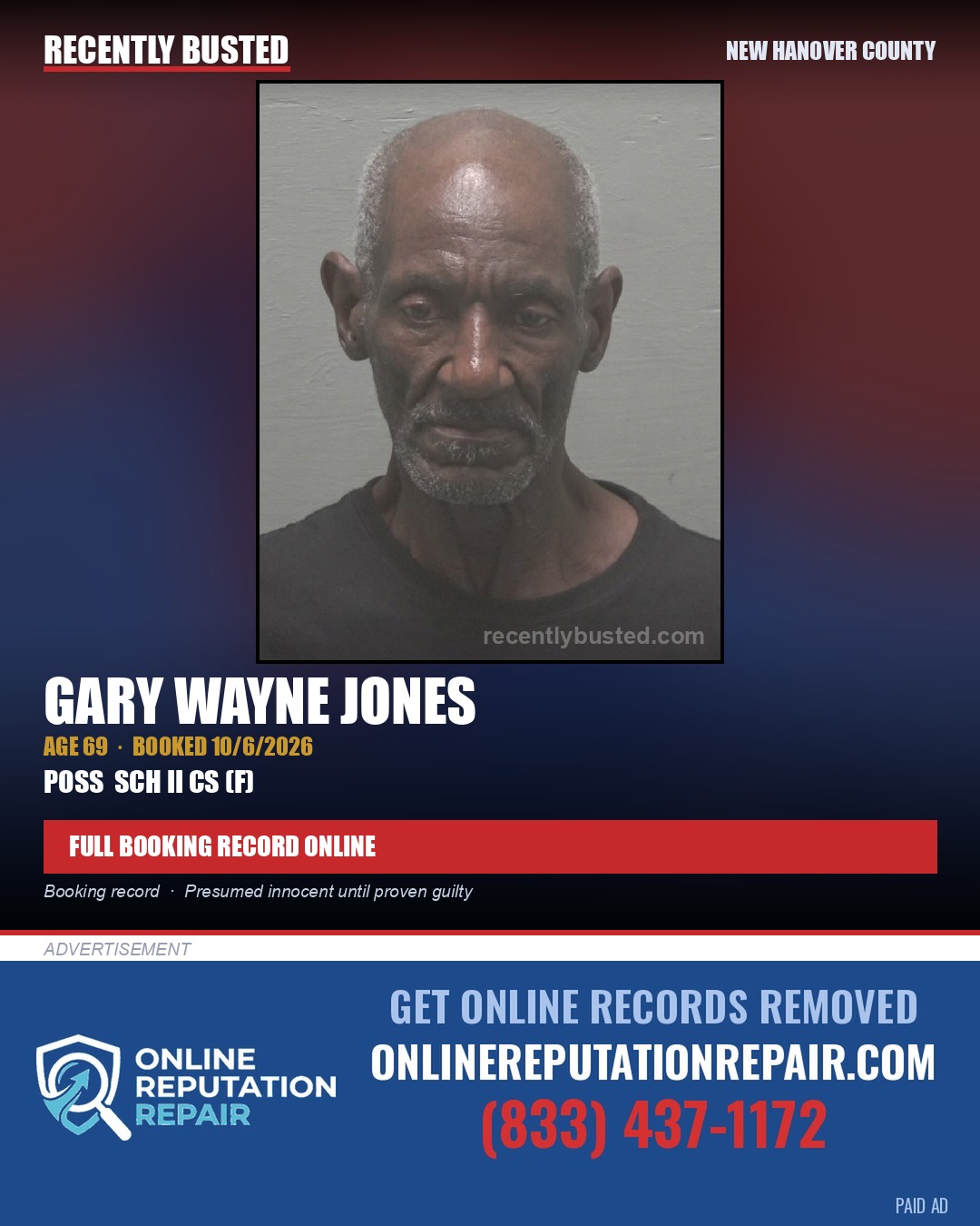 GARY WAYNE JONES — arrest record card, New Hanover County