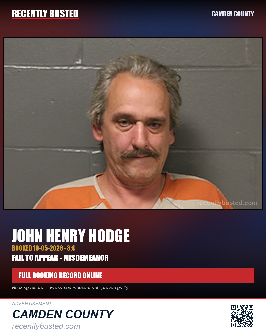 Hodge, John Henry — arrest record card, Camden County