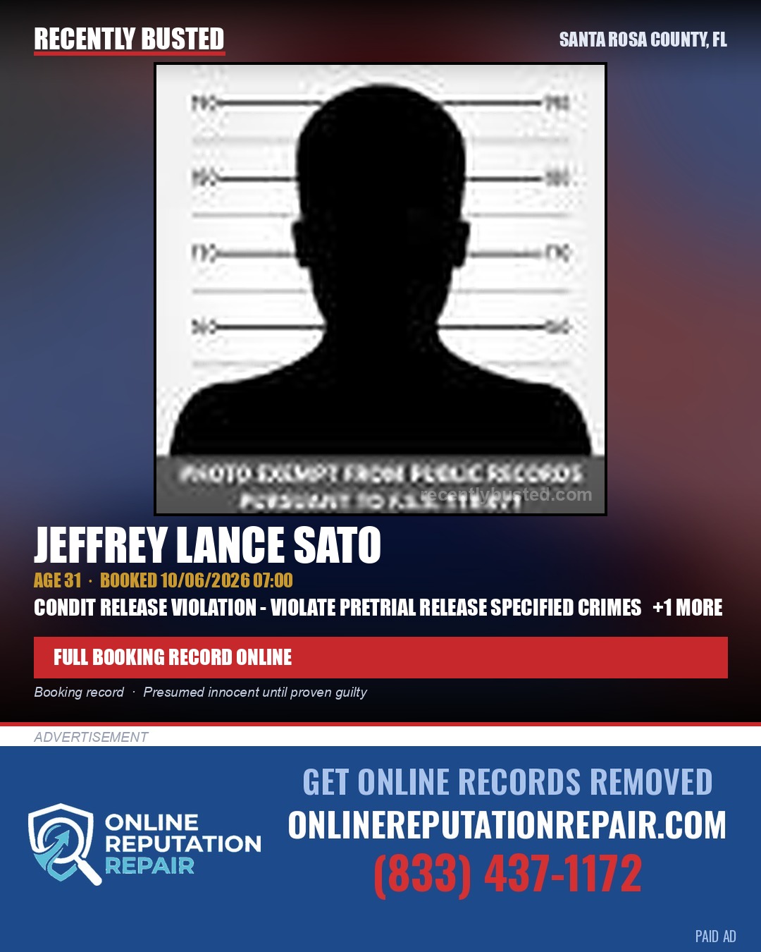 Jeffrey Lance Sato — arrest record card, Santa Rosa County, Florida
