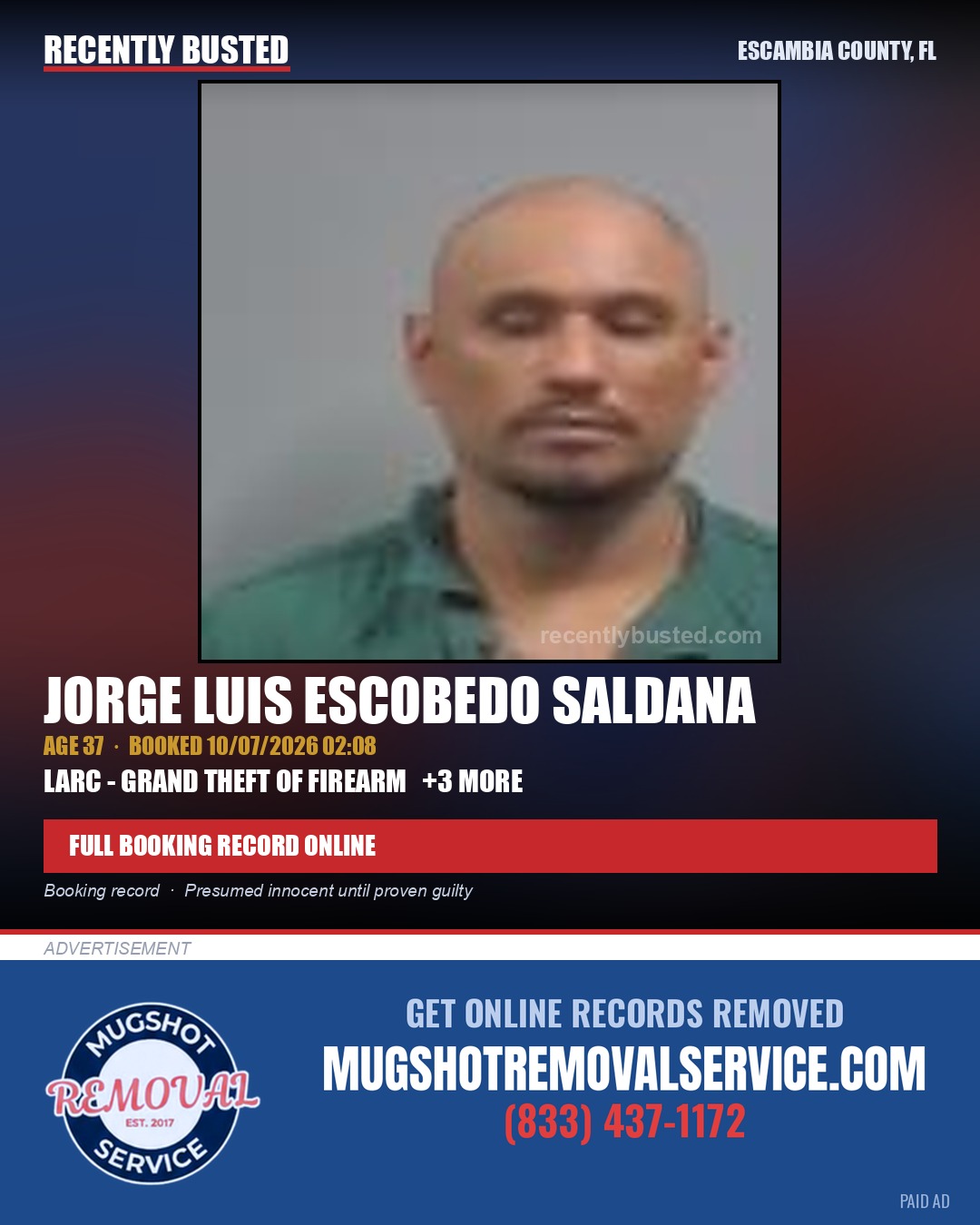 Jorge Luis Escobedo Saldana — arrest record card, Escambia County, Florida