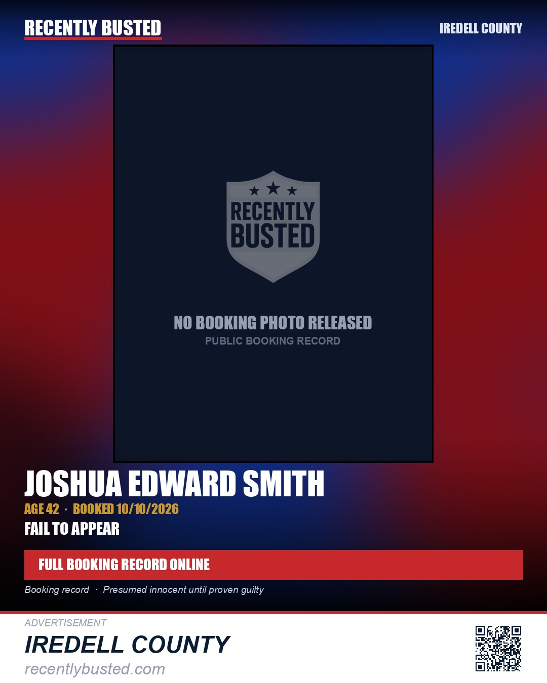 JOSHUA EDWARD SMITH — arrest record card, Iredell County