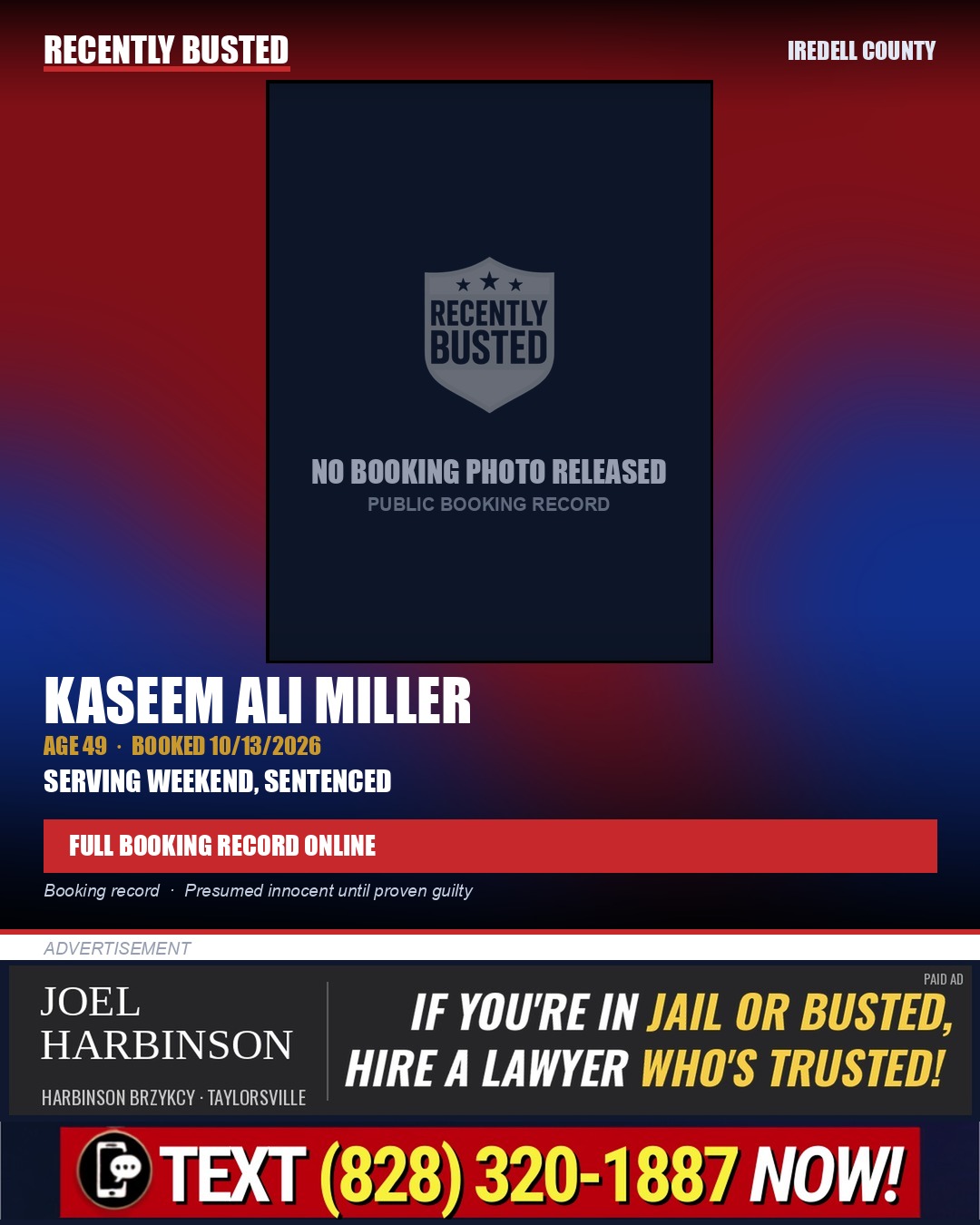 KASEEM ALI MILLER — arrest record card, Iredell County