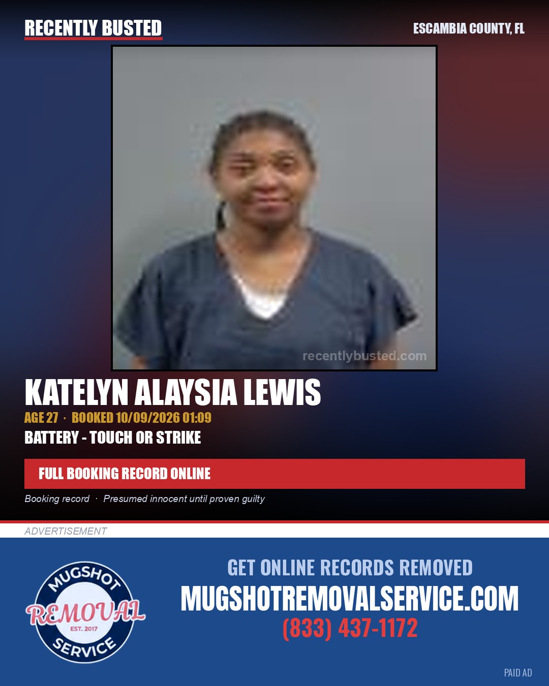 Katelyn Alaysia Lewis — arrest record card, Escambia County, Florida