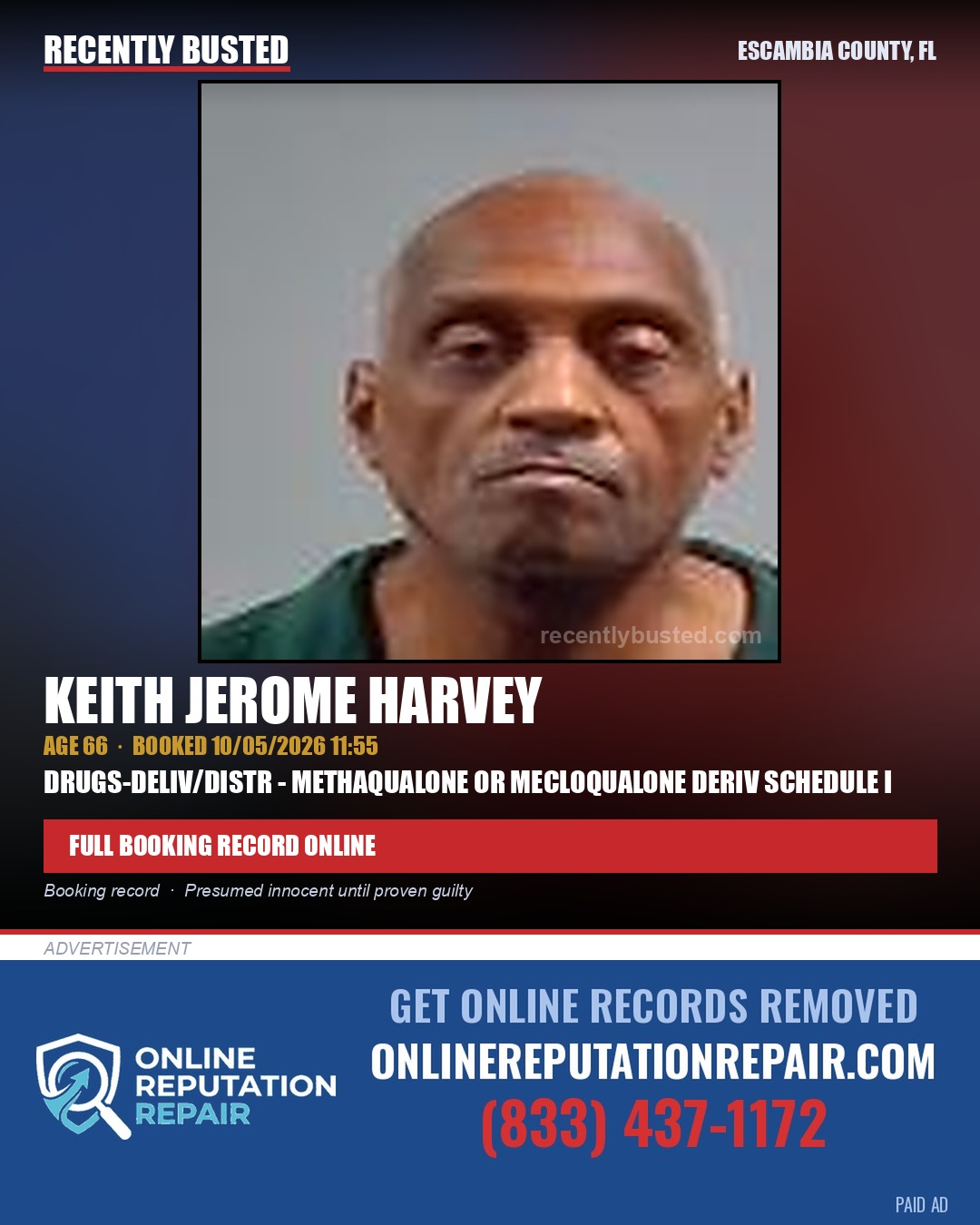 Keith Jerome Harvey — arrest record card, Escambia County, Florida