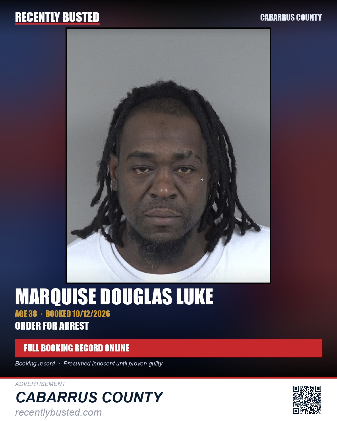 MARQUISE DOUGLAS LUKE — arrest record card, Cabarrus County