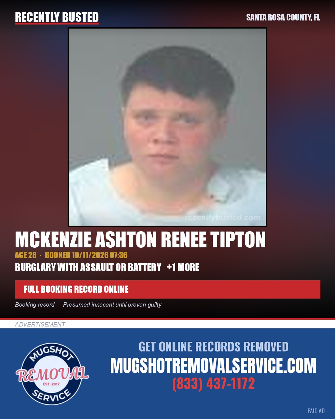 Mckenzie Ashton Renee Tipton — arrest record card, Santa Rosa County, Florida