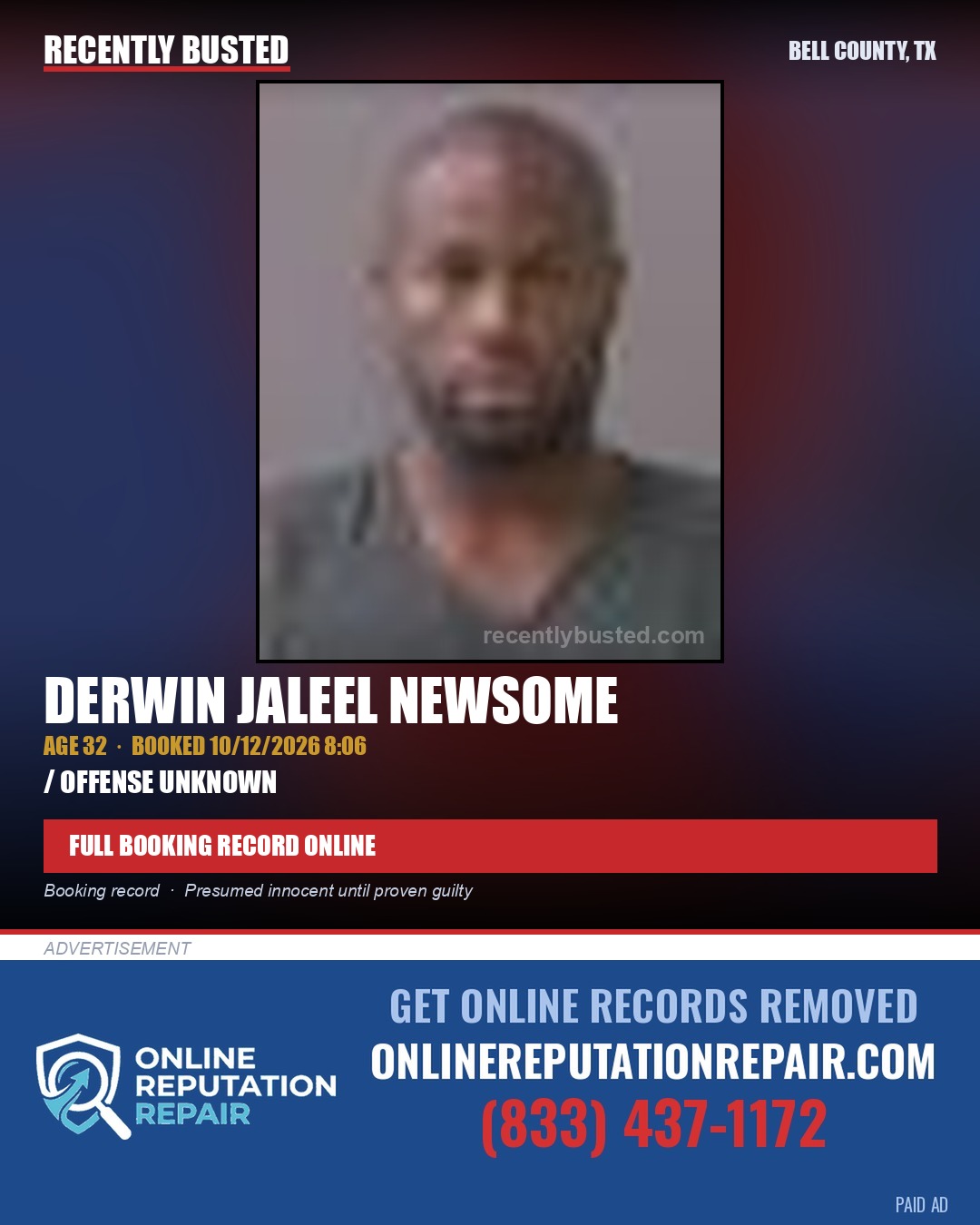 NEWSOME, DERWIN JALEEL — arrest record card, Bell County, Texas