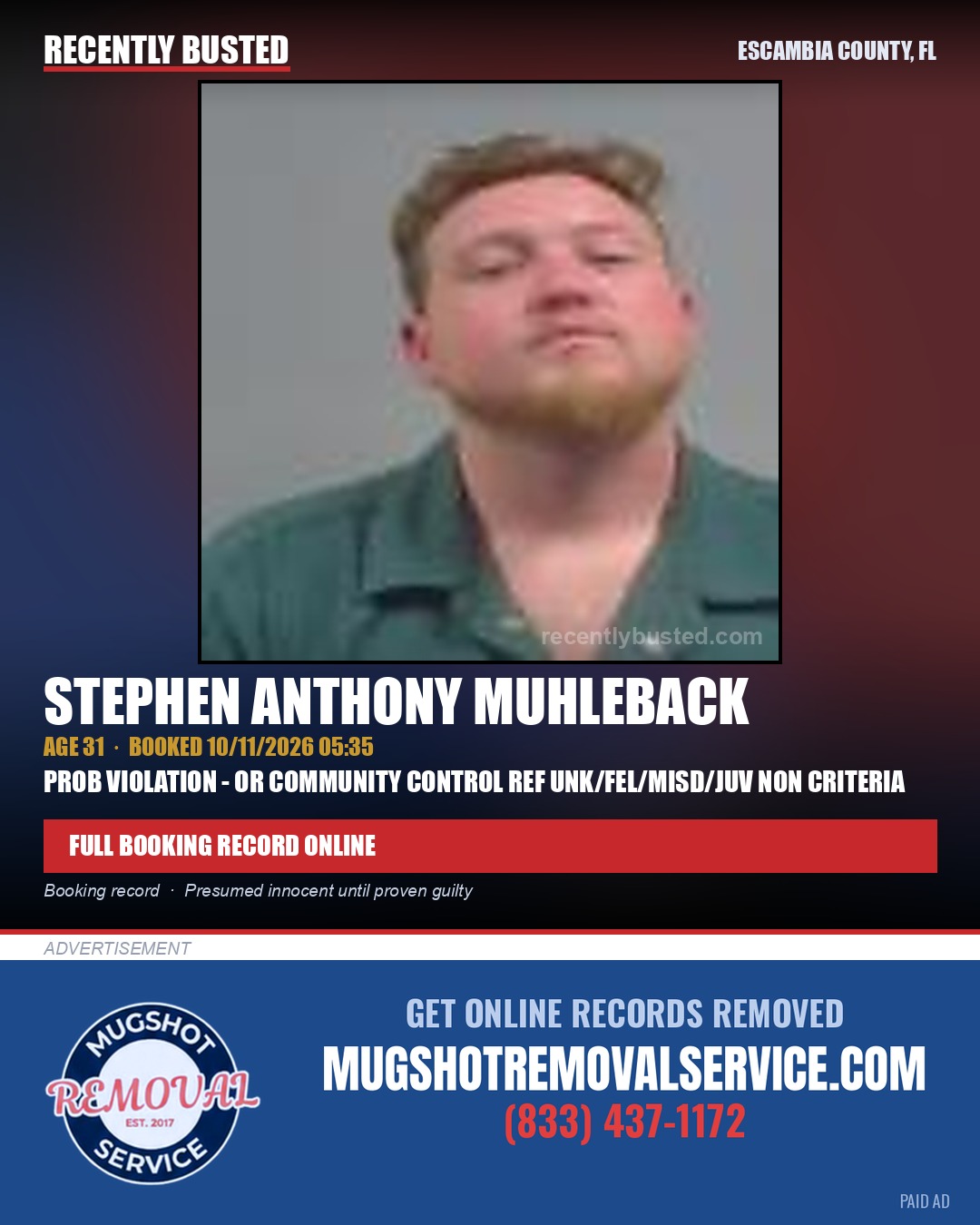 Stephen Anthony Muhleback — arrest record card, Escambia County, Florida