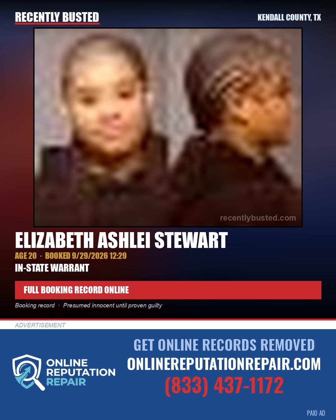 STEWART, ELIZABETH ASHLEI — arrest record card, Kendall County, Illinois