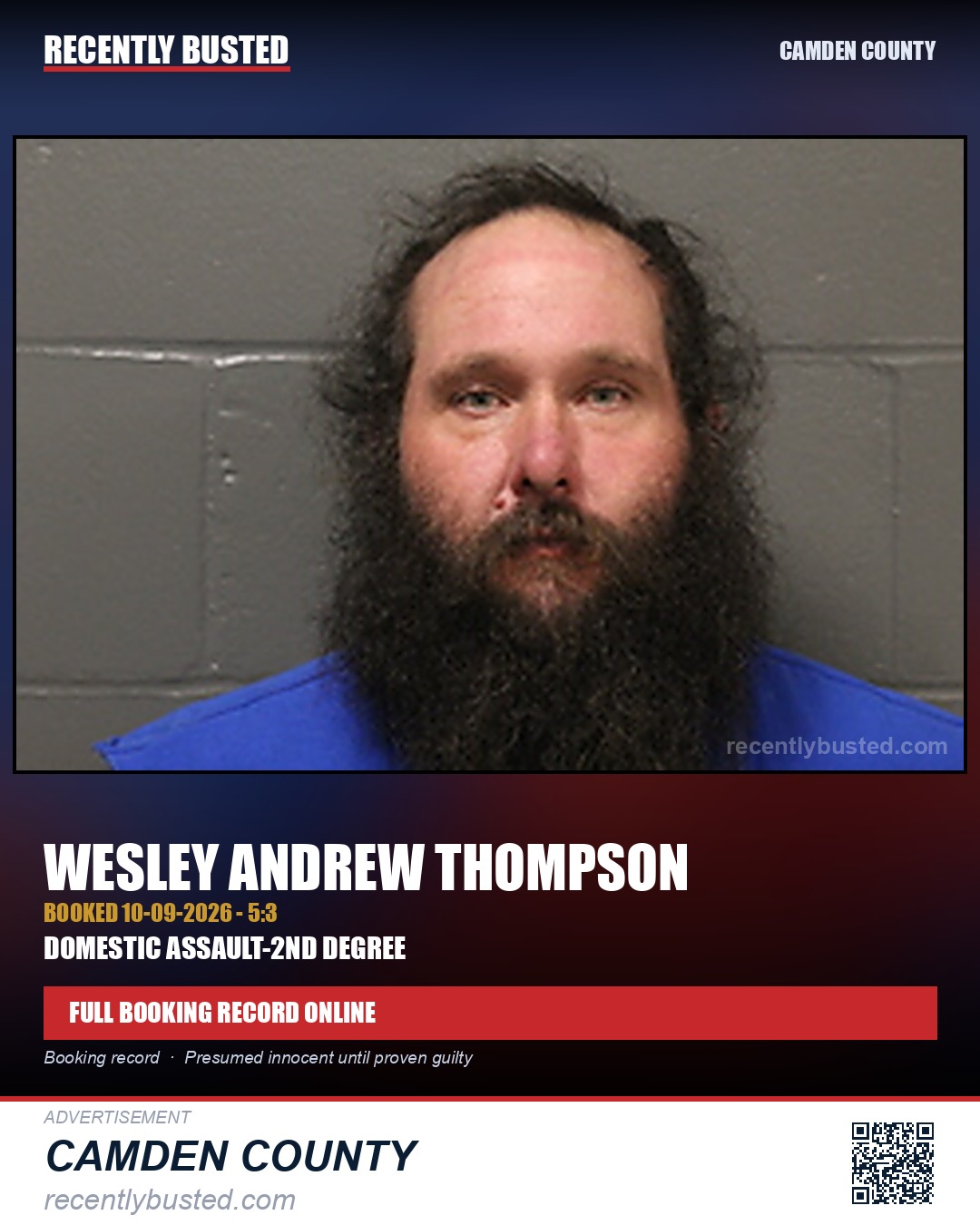 Thompson, Wesley Andrew — arrest record card, Camden County