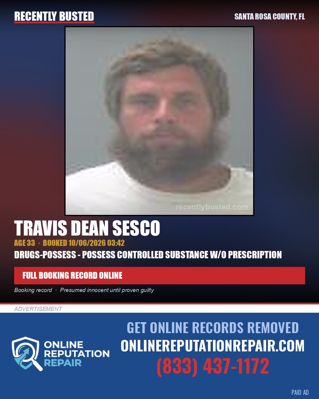 Travis Dean Sesco — arrest record card, Santa Rosa County, Florida